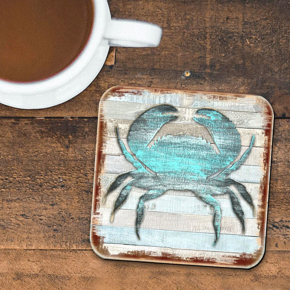 4 x 4 in. Crab Coastal Wooden Cork Coasters Gift - Set of 4