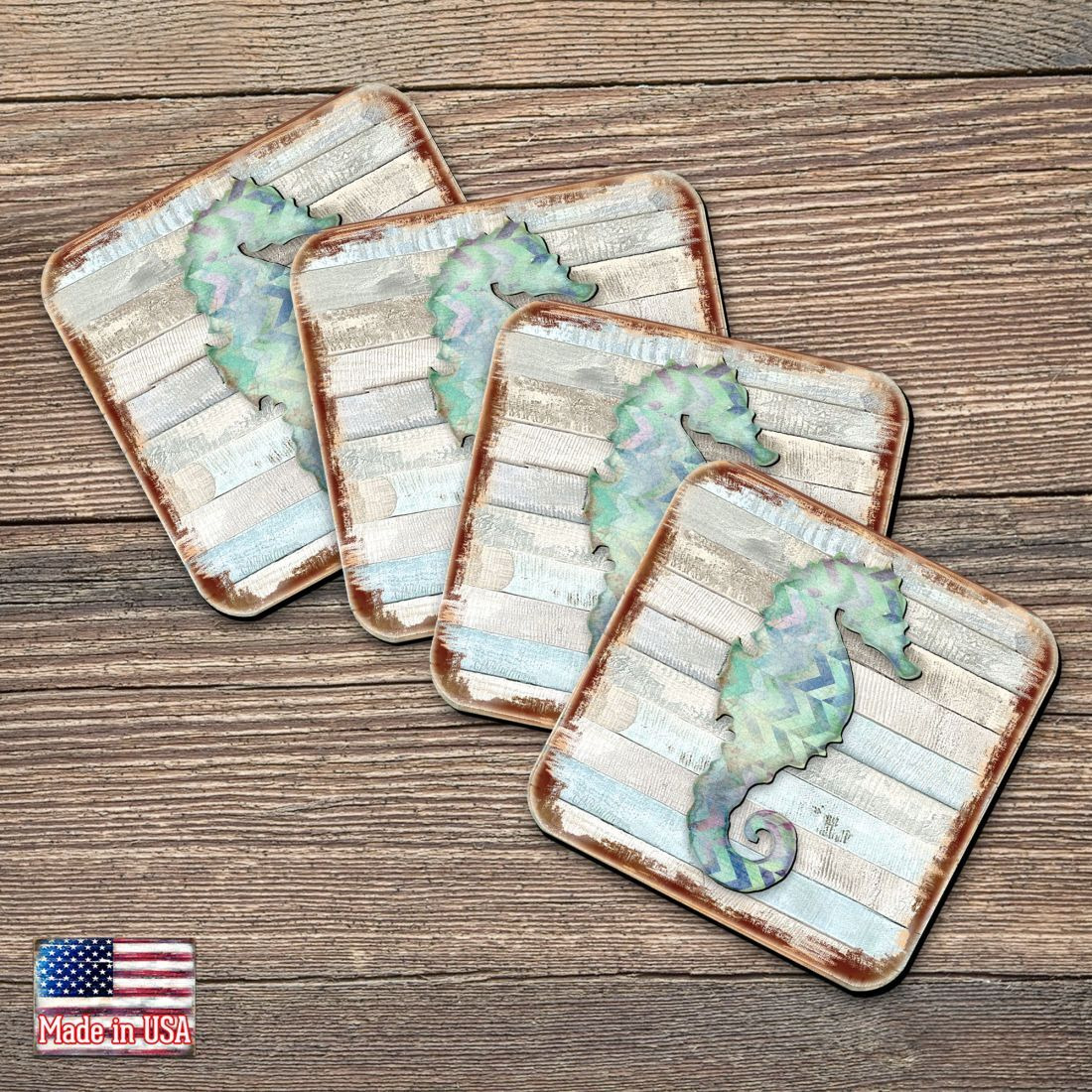4 x 4 in. Seahorse Coastal Wooden Cork Coasters Gift - Set of 4