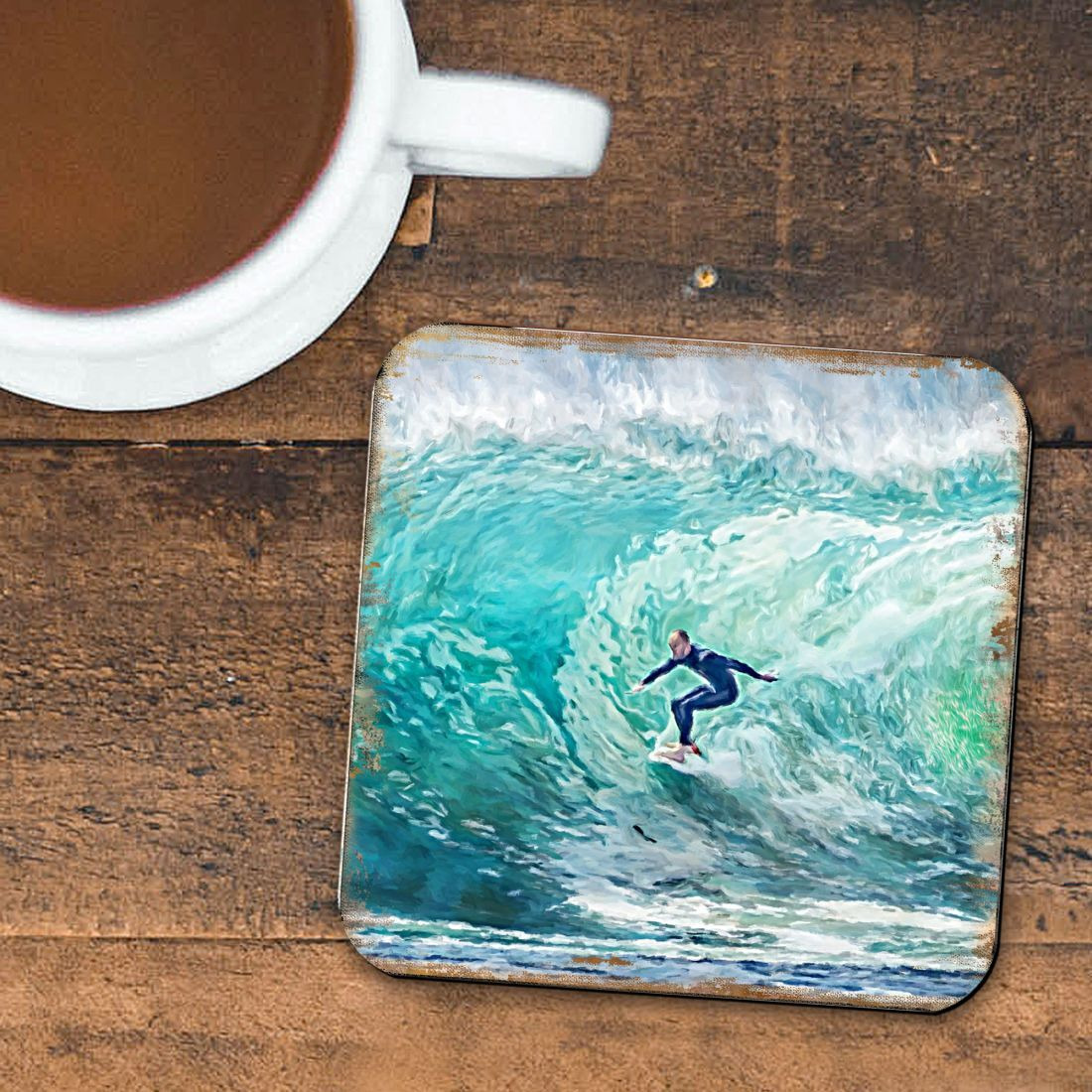 4 x 4 in. Surfer Coastal Wooden Cork Coasters Gift - Set of 4