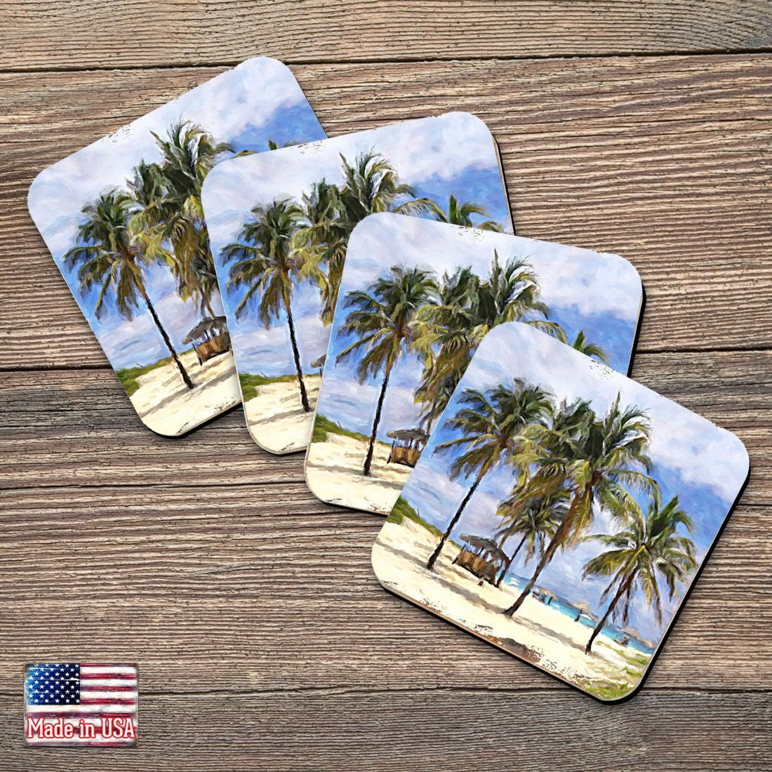 4 x 4 in. Palm Trees Beach Coastal Wooden Cork Coasters Gift - Set of 4