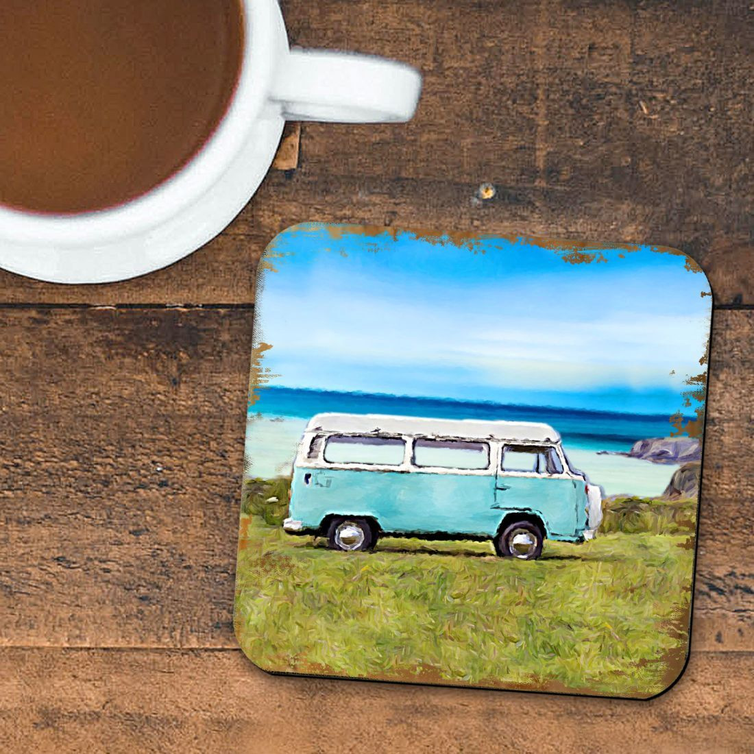 4 x 4 in. Van Coastal Wooden Cork Coasters Gift - Set of 4