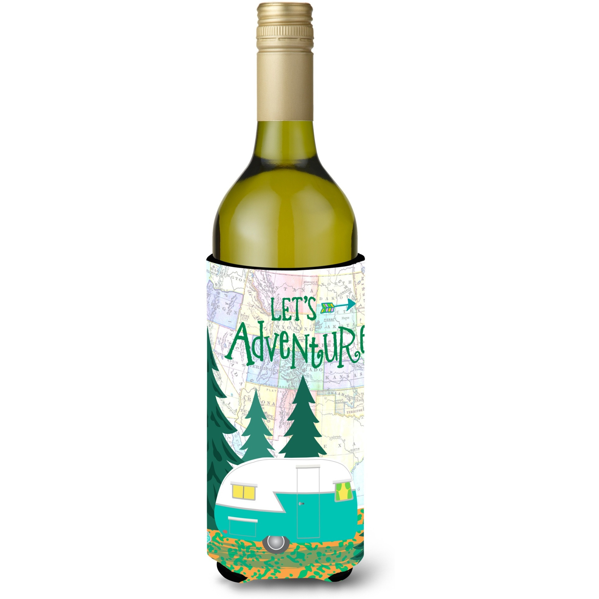 &quotCaroline's Treasures Let's Adventure Glamping Trailer Wine Bottle Koozie Hugger, 750ml, Multicolor"