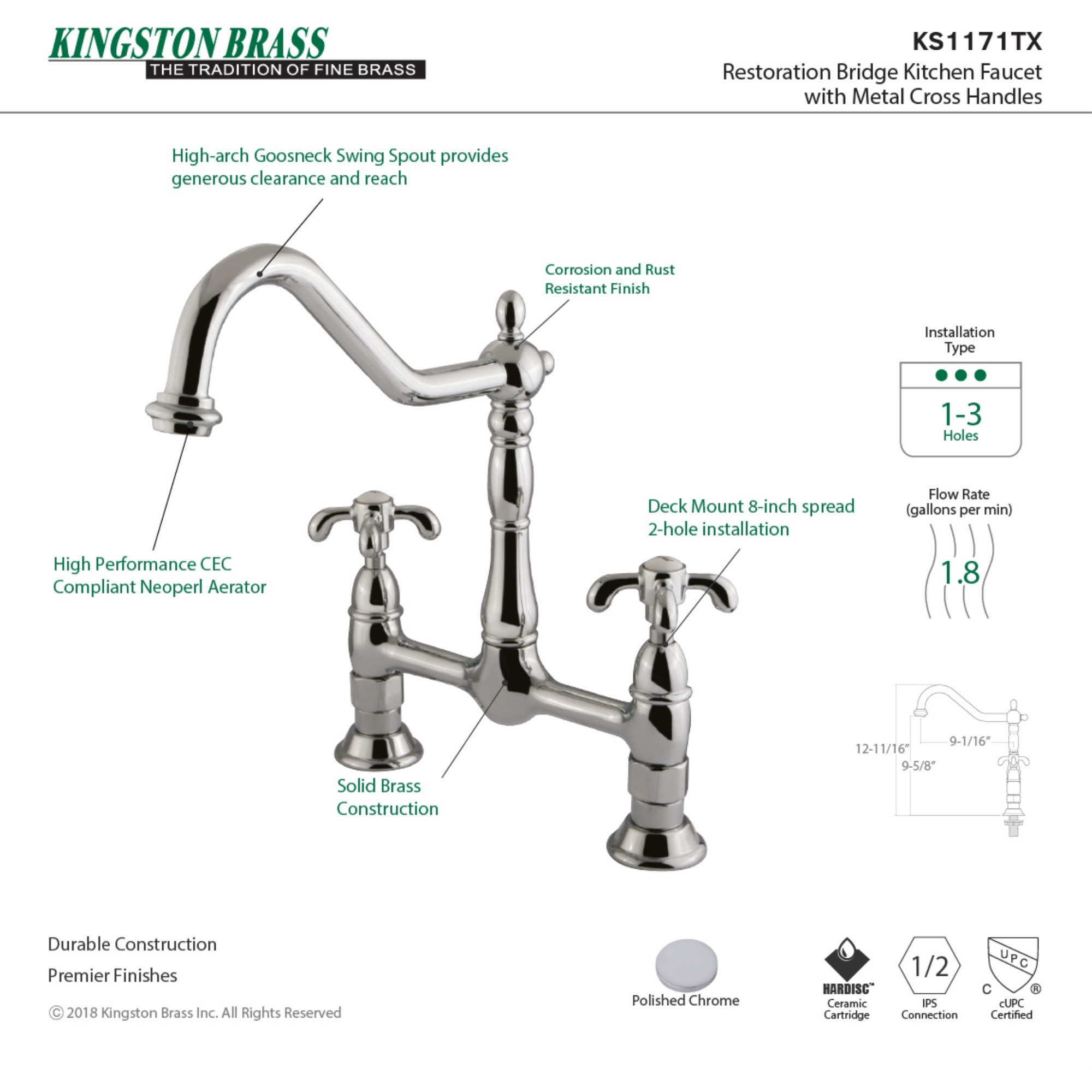 Kingston Brass KS1171TX French Country Kitchen Bridge Faucet, Polished Chrome