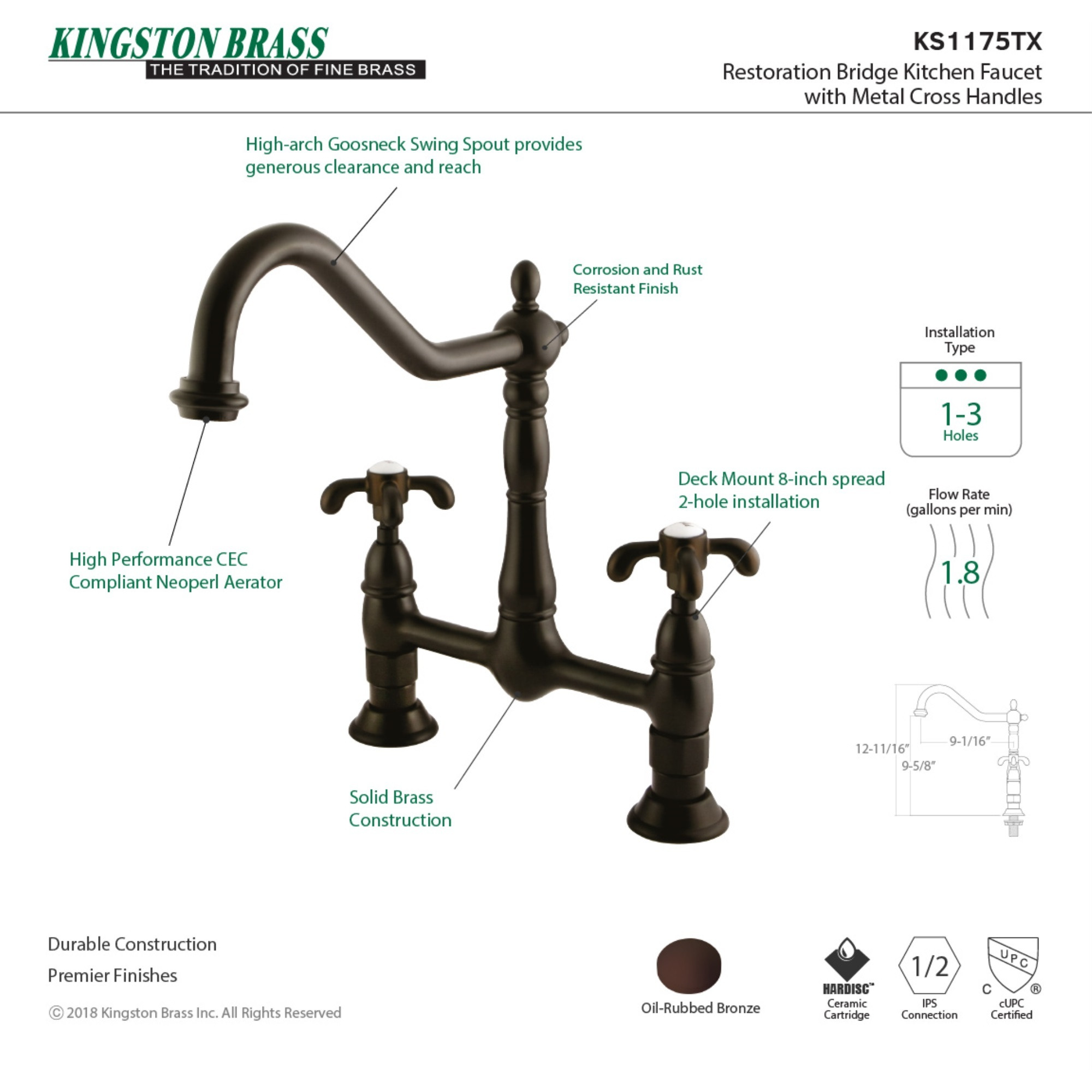 Kingston Brass KS1175TX French Country Kitchen Bridge Faucet, Oil Rubbed Bronze