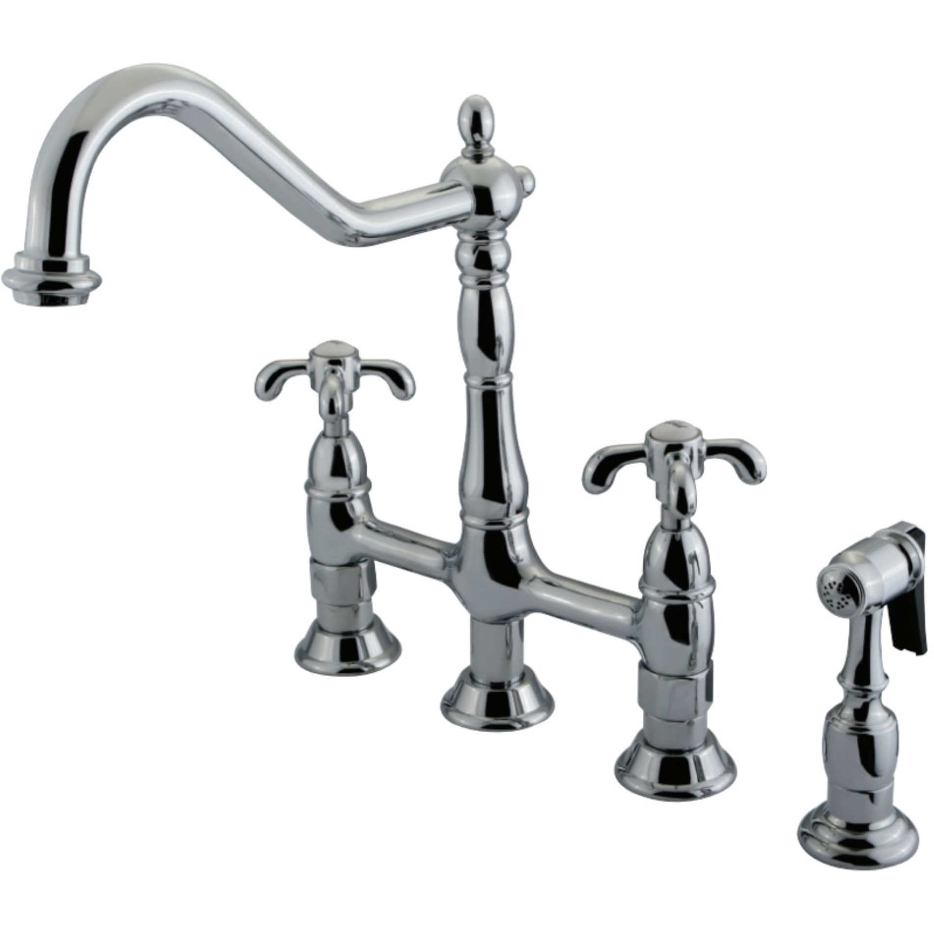 Kingston Brass KS1271TXBS French Country Kitchen Bridge Faucet with Brass Sprayer, Polished Chrome