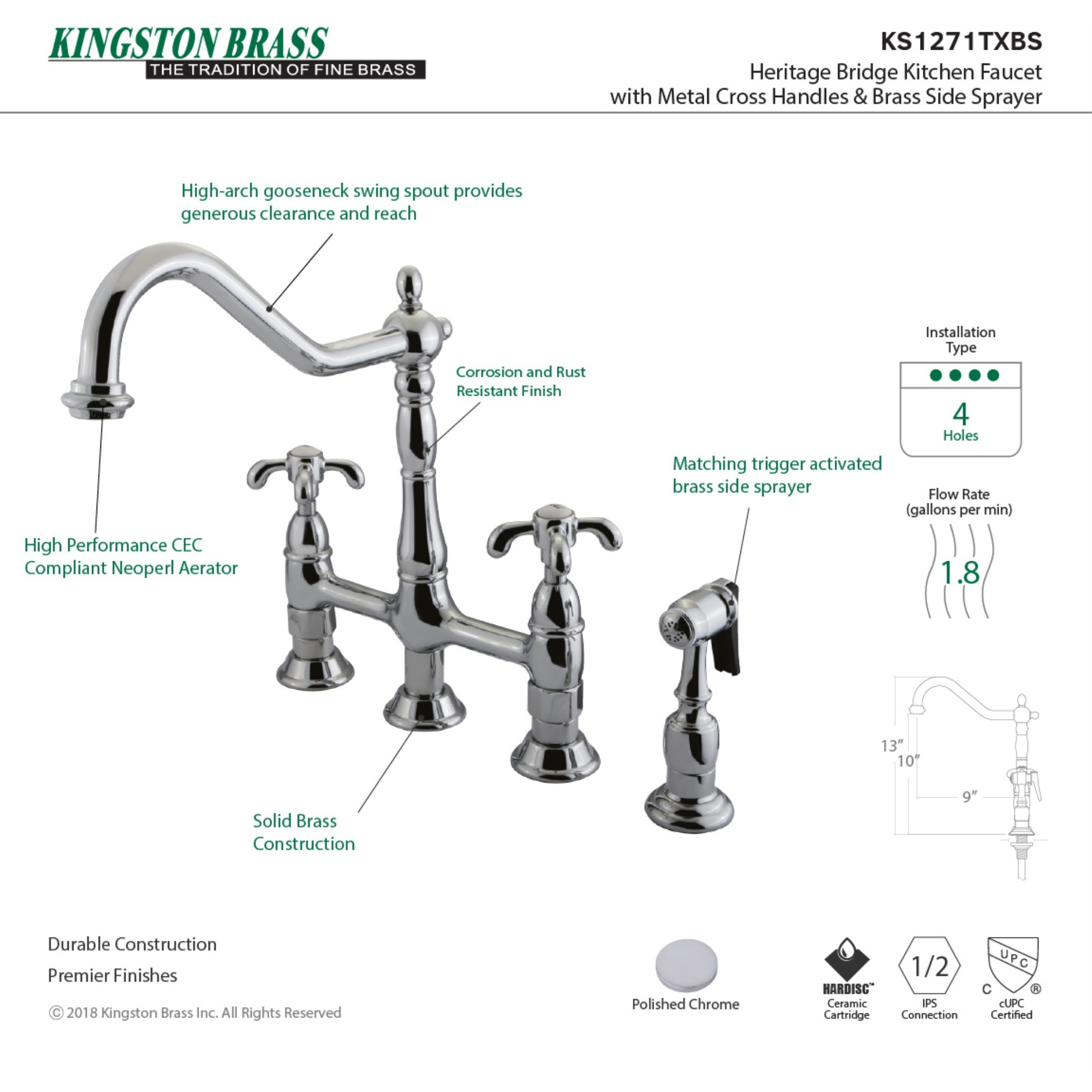 Kingston Brass KS1271TXBS French Country Kitchen Bridge Faucet with Brass Sprayer, Polished Chrome