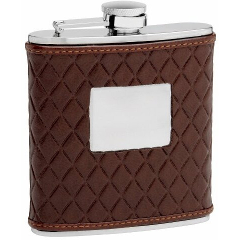 Leather Hip Flask Holding 6 oz - Quilted Pattern Design - Pocket Size, Stainless Steel, Rustproof, Screw-On Cap