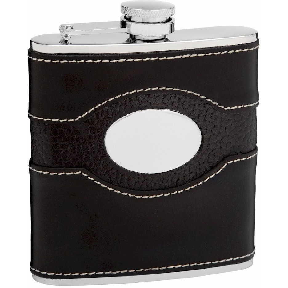 Genuine Black Leather Hip Flask Holding 6 oz - Pocket Size, Stainless Steel, Rustproof, Screw-On Cap