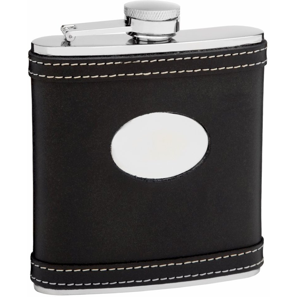 Leather Hip Flask Holding 6 oz - White Accent Stitching Design - Pocket Size, Stainless Steel, Rustproof, Screw-On Cap - Black Gift Box Included