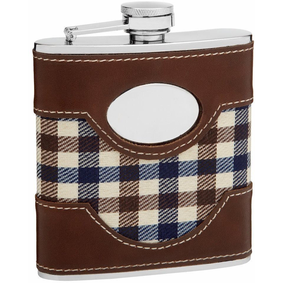 Faux Leather and Cloth Hip Flask Holding 6 oz - Plaid Golf Design - Pocket Size, Stainless Steel, Rustproof, Screw-On Cap