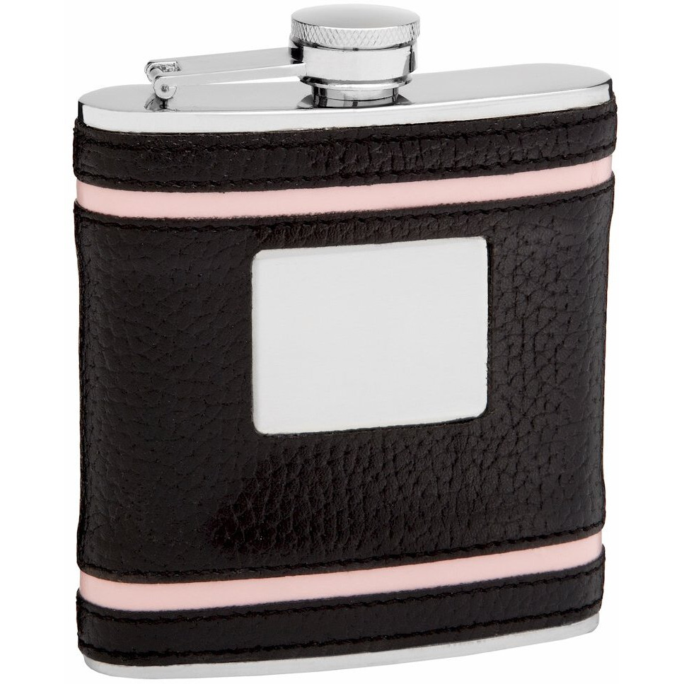 Faux Leather Hip Flask Holding 6 oz - Pink Accent Lines Design - Pocket Size, Stainless Steel, Rustproof, Screw-On Cap