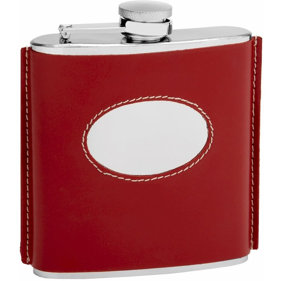 Genuine Red Leather Hip Flask Holding 6 oz - Vintage 1920 Style - Pocket Size, Stainless Steel, Rustproof, Screw-On Cap
