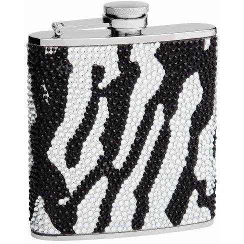 Rhinestone Hip Flask Holding 6 oz - Zebra Pattern Design - Pocket Size, Stainless Steel, Rustproof, Screw-On Cap - Black and White Finish