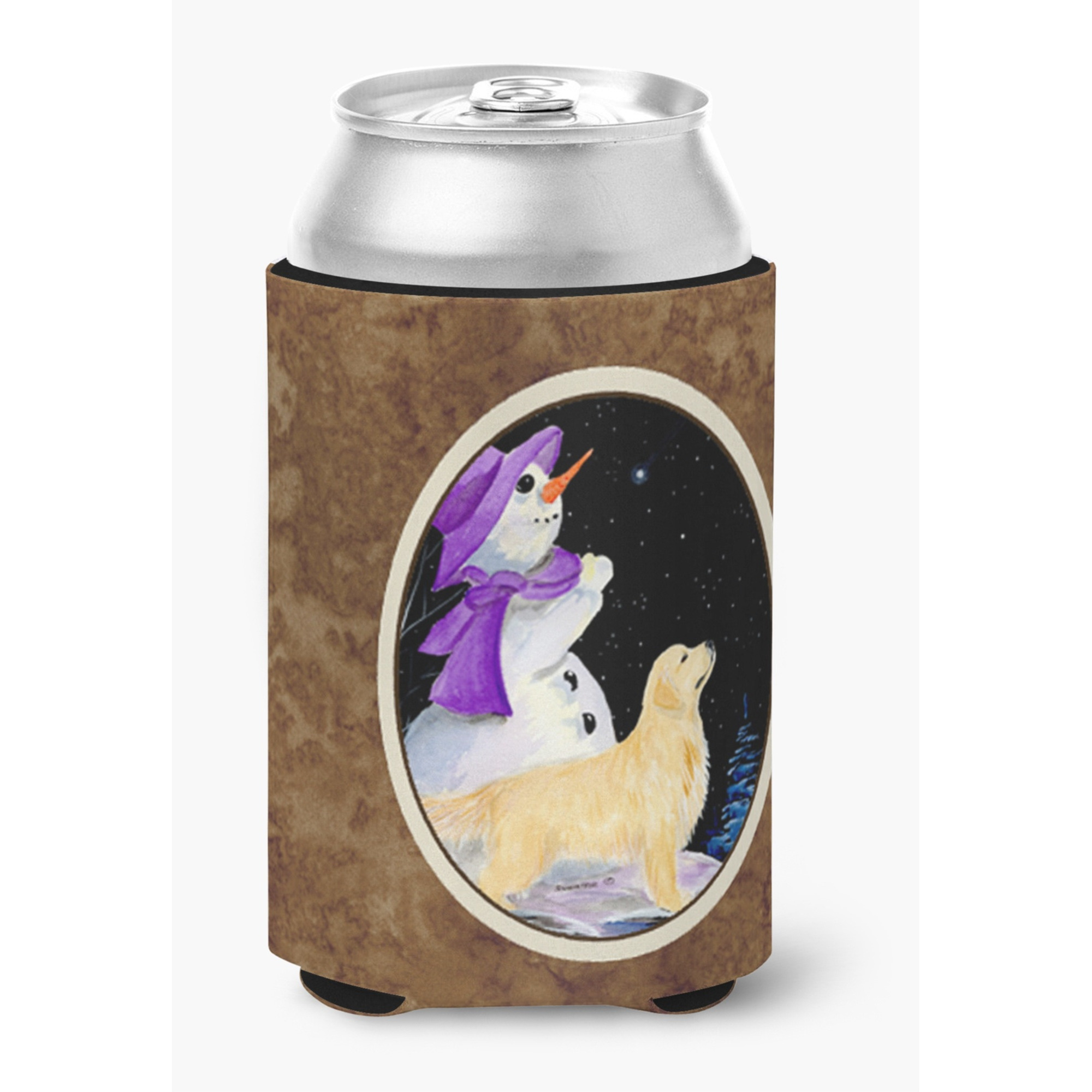Snowman with Golden Retriever Can or Bottle Beverage Insulator Hugger