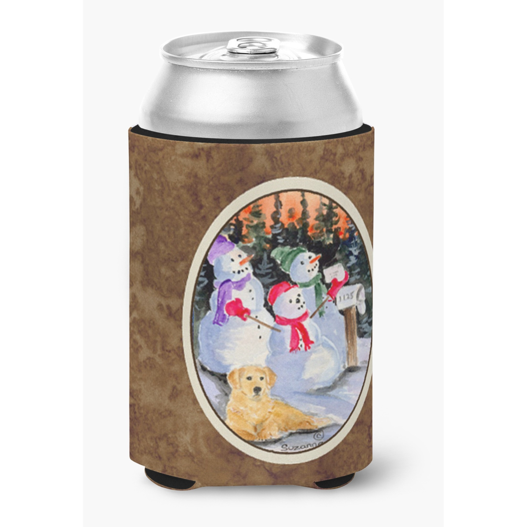 Snowman with Golden Retriever Can or Bottle Beverage Insulator Hugger