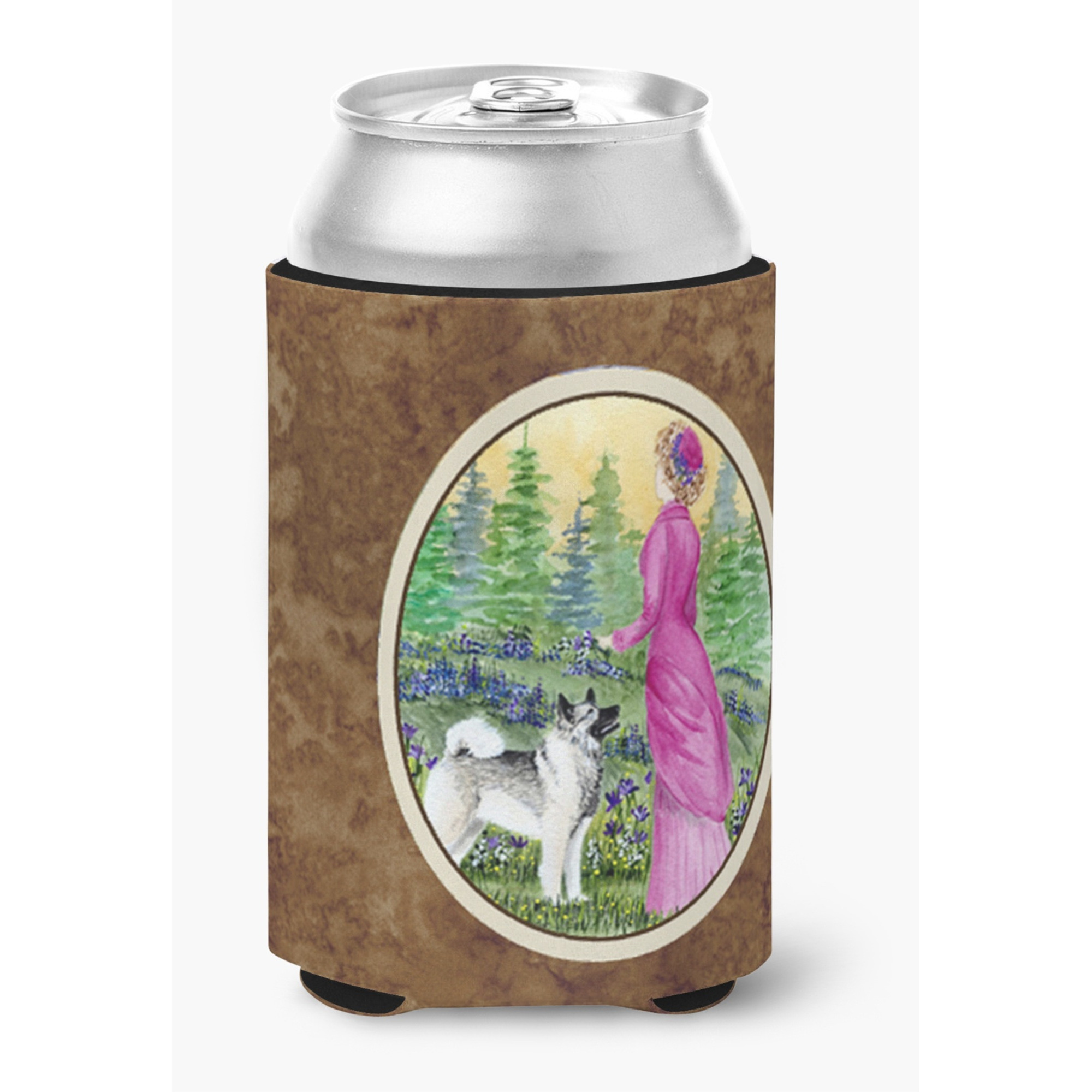 Lady with her Norwegian Elkhound Can or Bottle Beverage Insulator Hugger