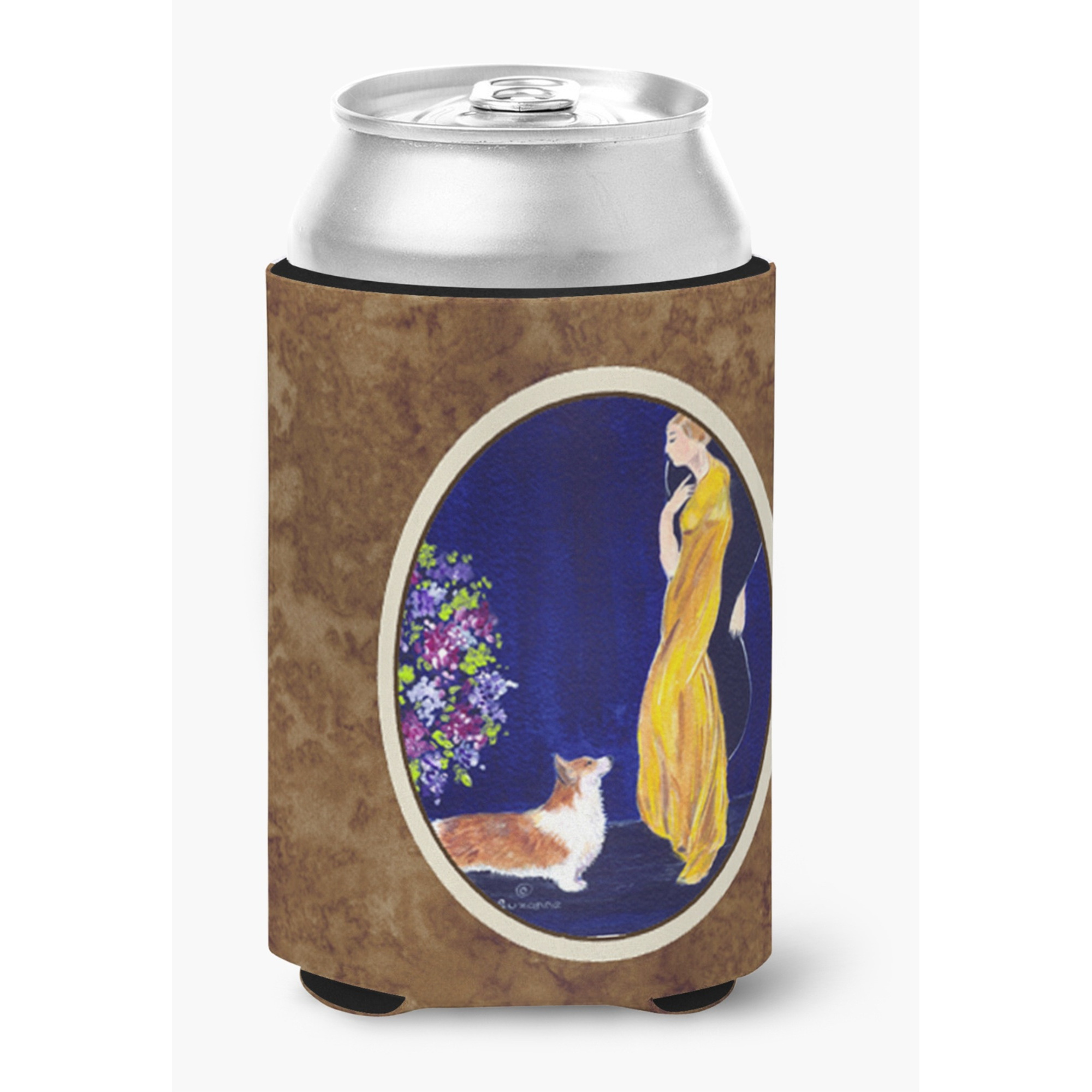 Lady with her Corgi Can or Bottle Beverage Insulator Hugger