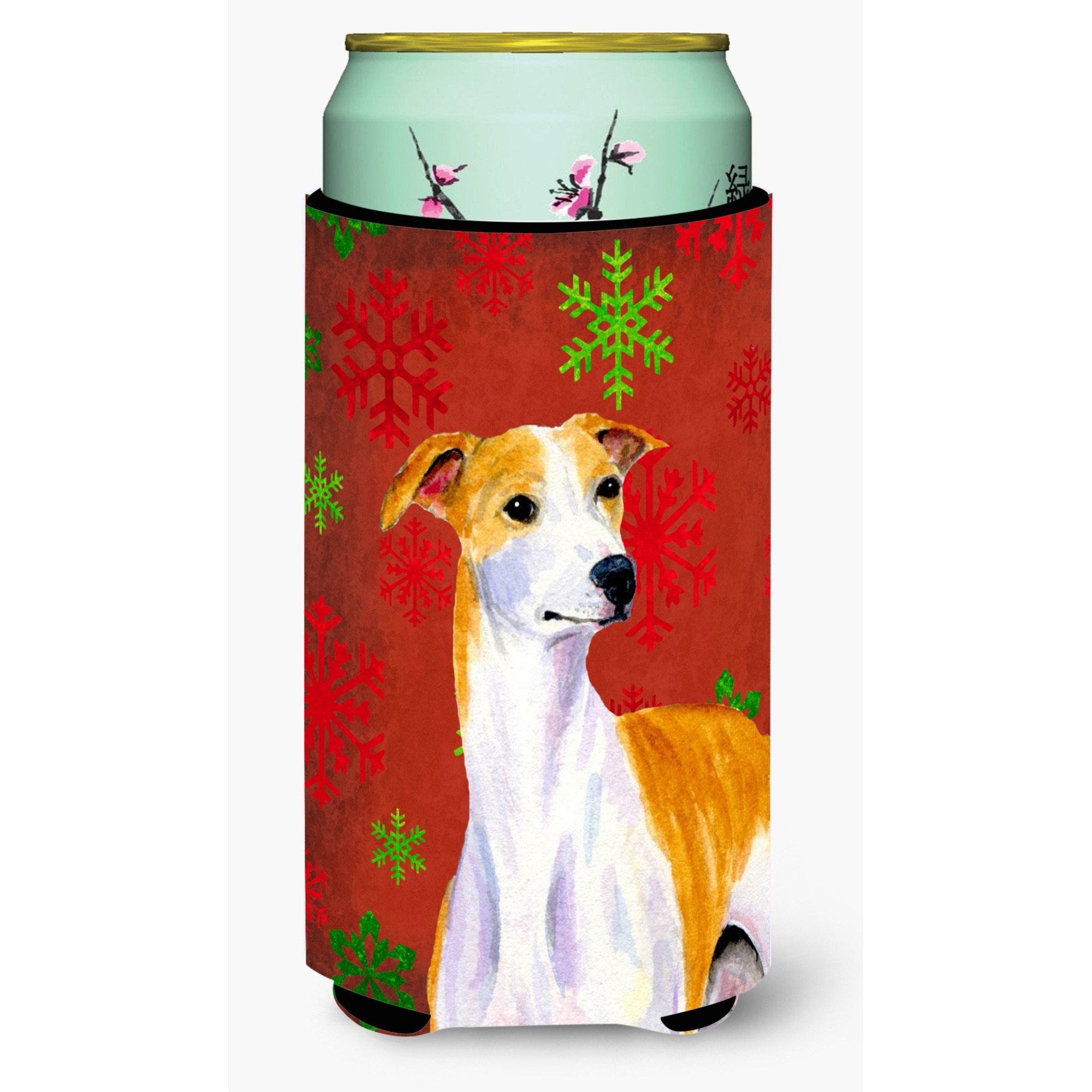 Whippet Red and Green Snowflakes Holiday Christmas  Tall Boy Beverage Insulator Beverage Insulator Hugger