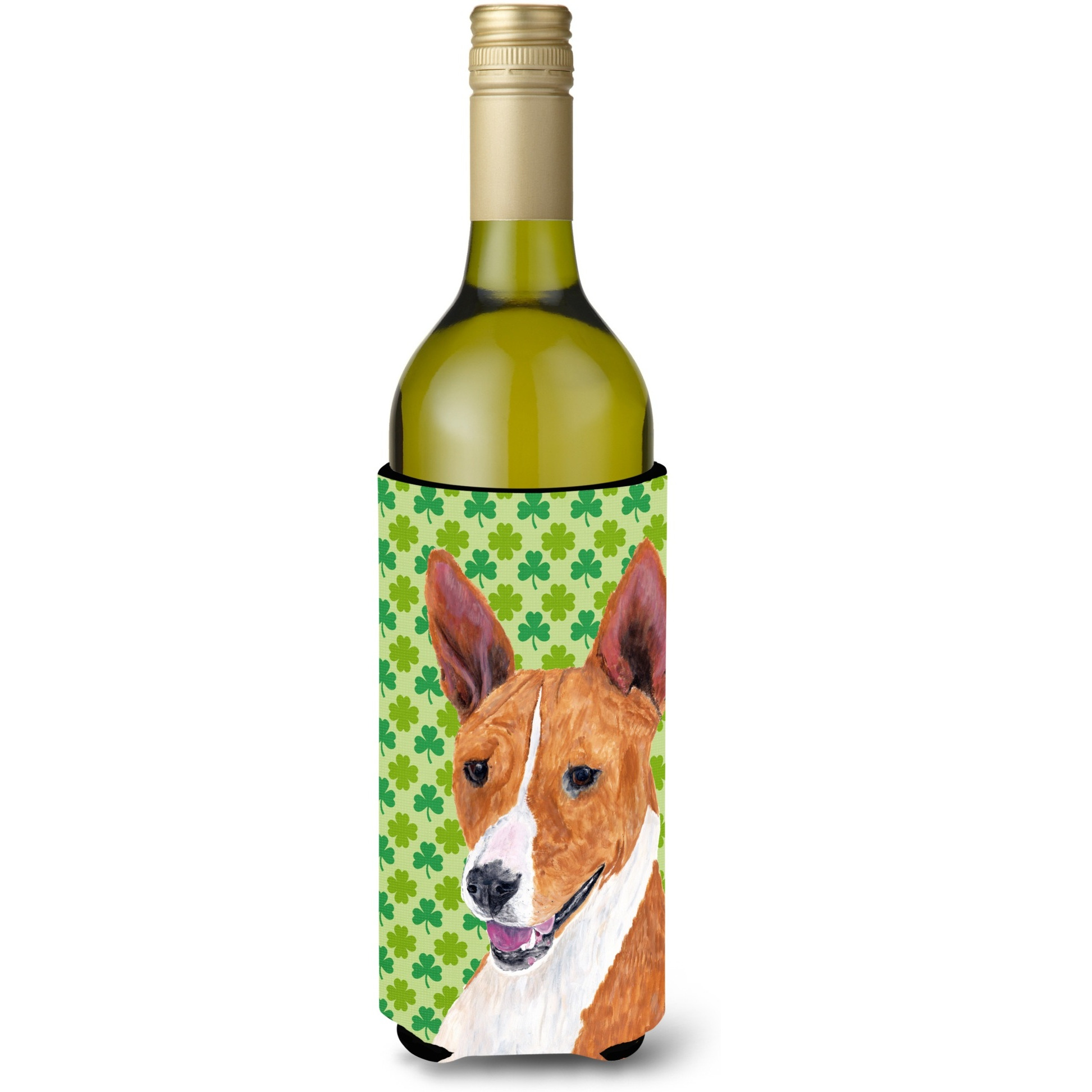 Basenji St. Patrick's Day Shamrock Portrait Wine Bottle Beverage Insulator Beverage Insulator Hugger