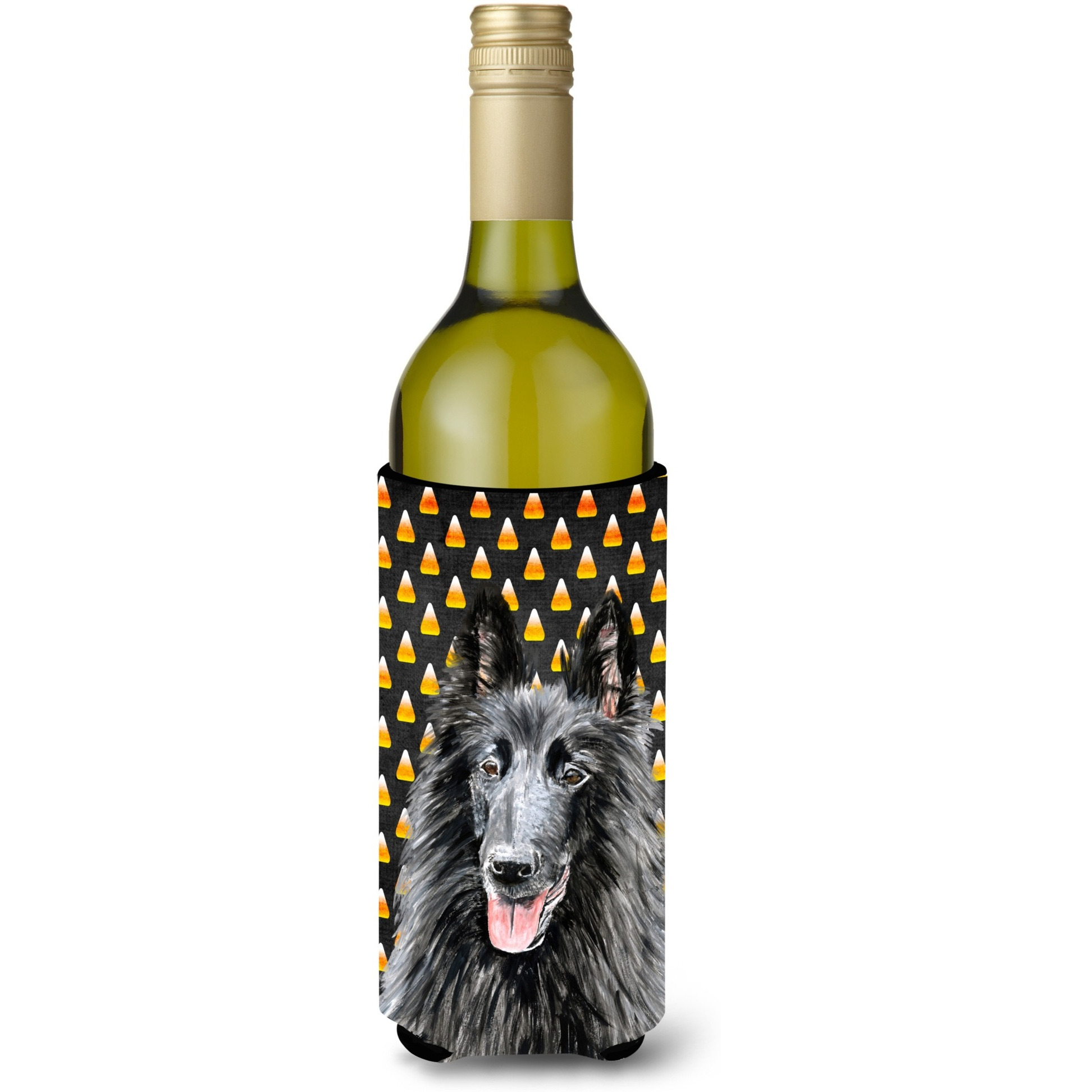 Belgian Sheepdog Candy Corn Halloween Portrait Wine Bottle Beverage Insulator Beverage Insulator Hugger