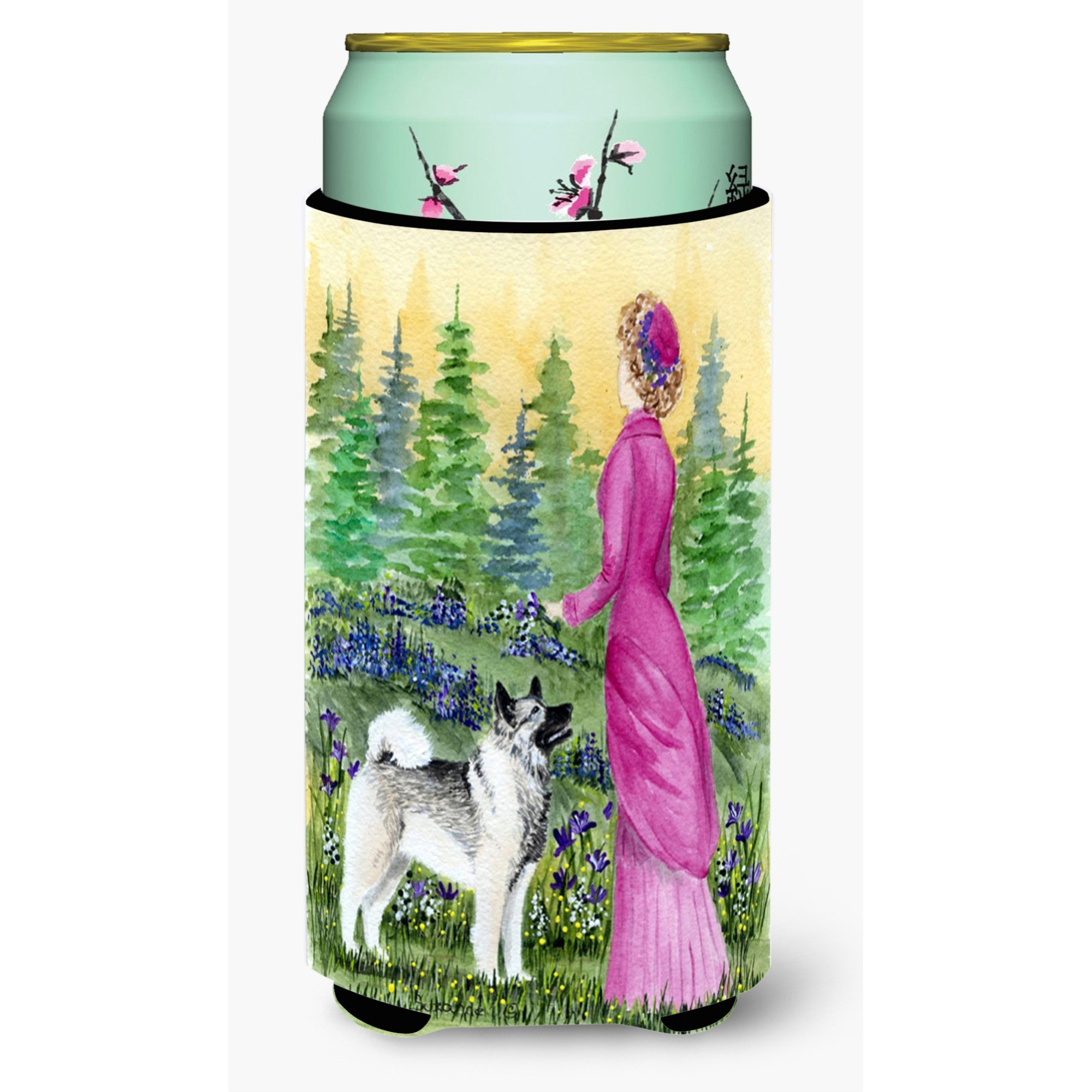 Lady with her Norwegian Elkhound  Tall Boy Beverage Insulator Beverage Insulator Hugger