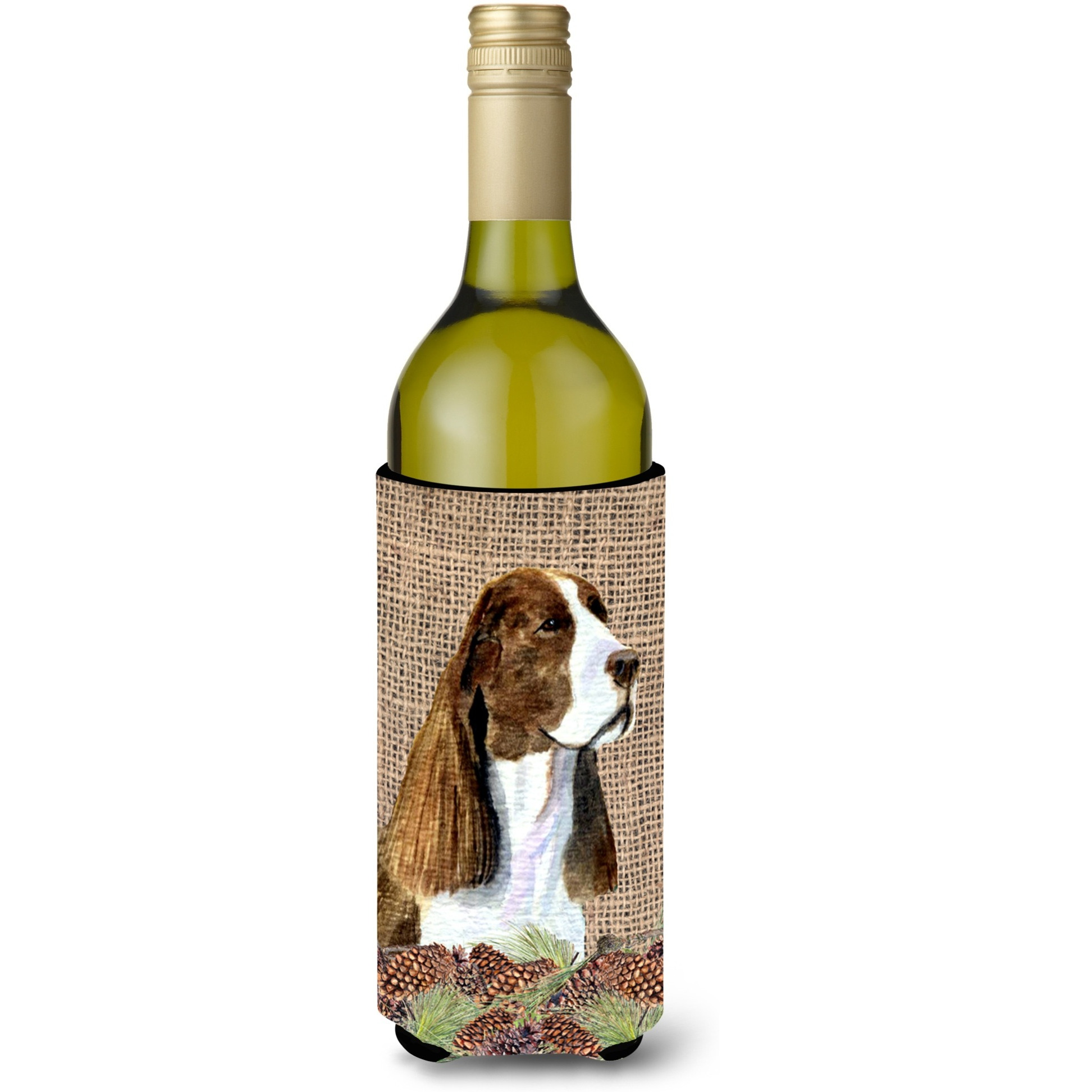 Springer Spaniel on Faux Burlap with Pine Cones Wine Bottle Beverage Insulator Beverage Insulator Hugger