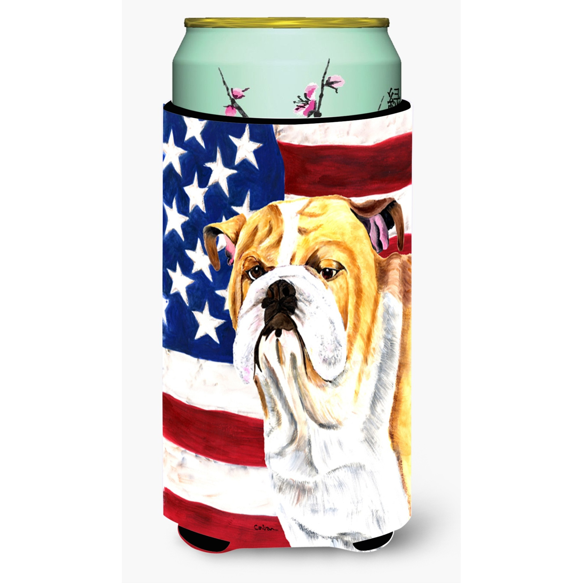 USA American Flag with Bulldog English  Tall Boy Beverage Insulator Beverage Insulator Hugger