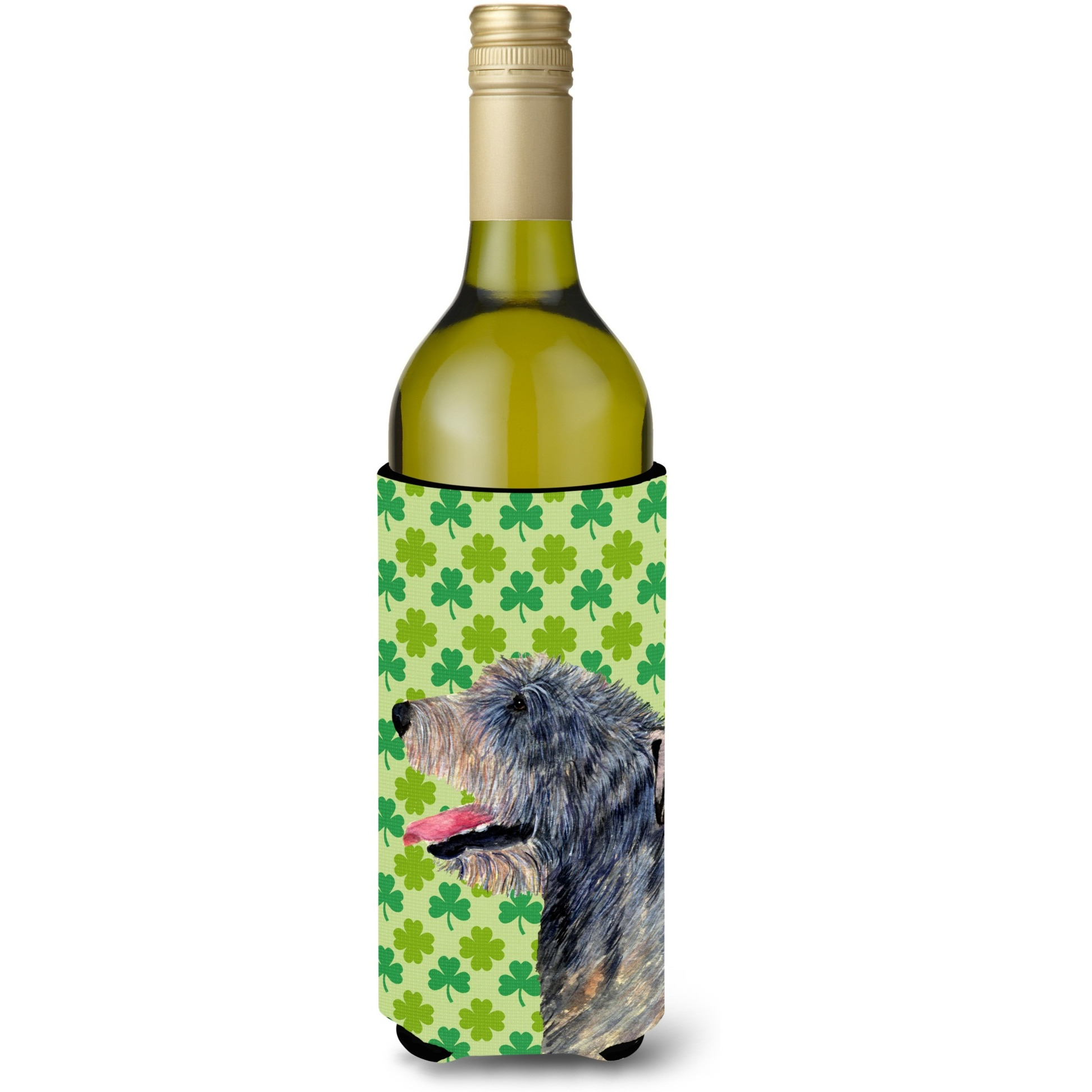 Irish Wolfhound St. Patrick's Day Shamrock Portrait Wine Bottle Beverage Insulator Beverage Insulator Hugger