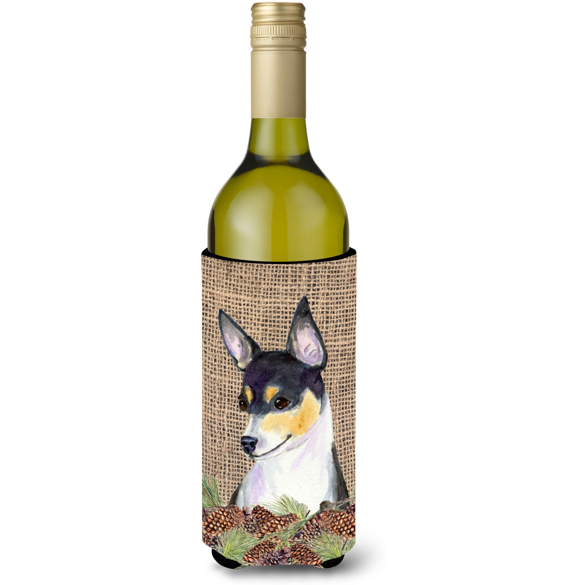 Fox Terrier on Faux Burlap with Pine Cones Wine Bottle Beverage Insulator Beverage Insulator Hugger