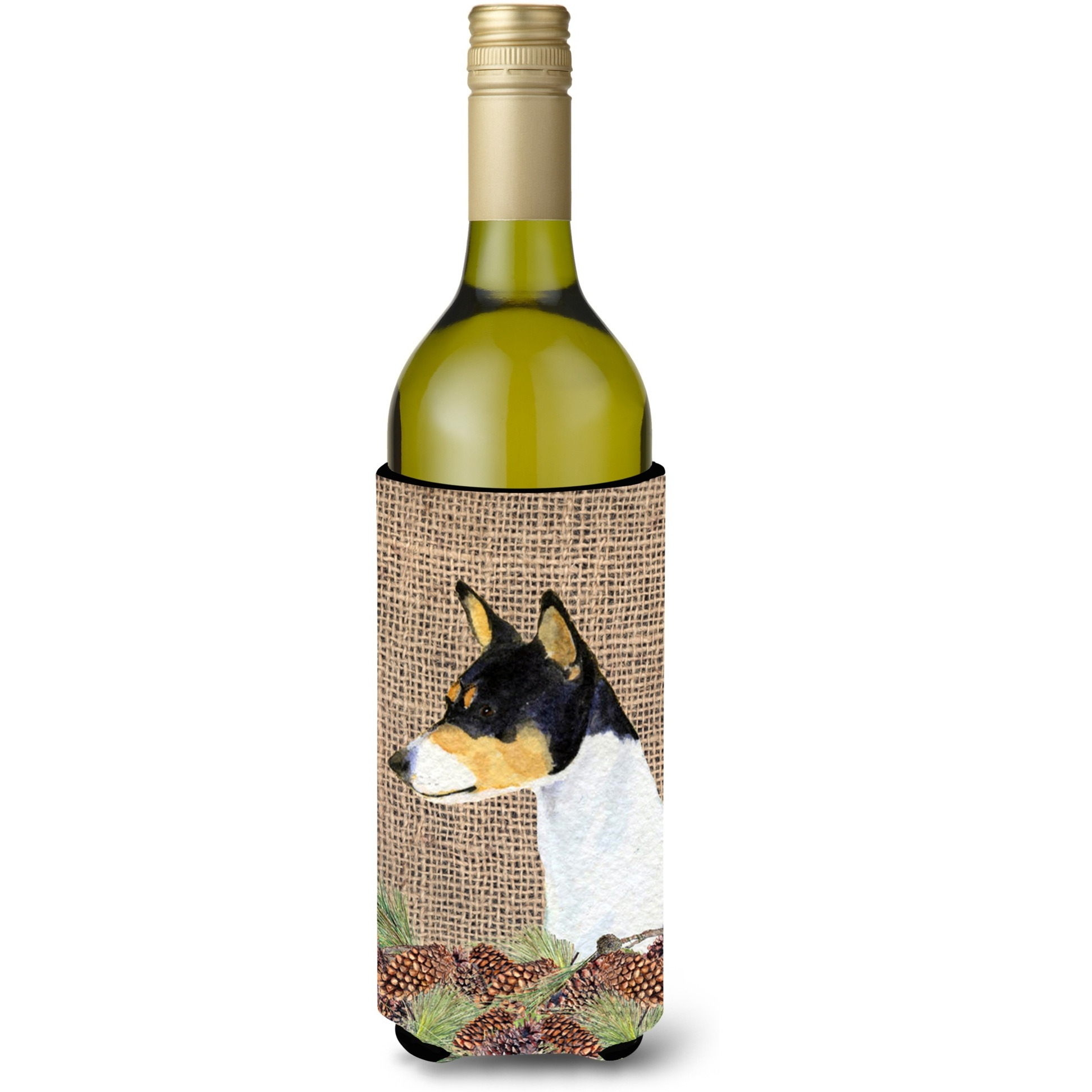 Basenji on Faux Burlap with Pine Cones Wine Bottle Beverage Insulator Beverage Insulator Hugger