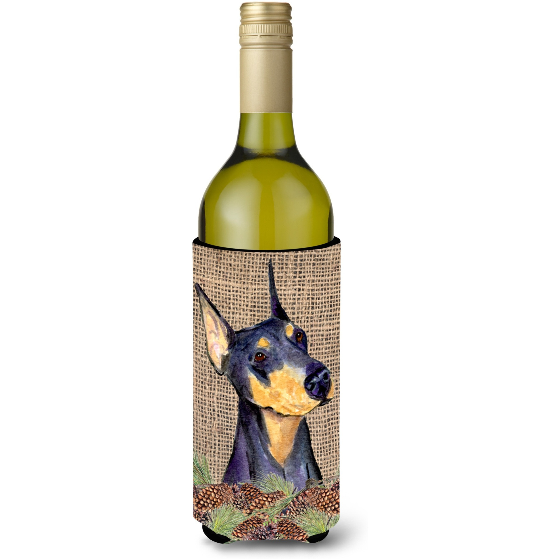 Doberman on Faux Burlap with Pine Cones Wine Bottle Beverage Insulator Beverage Insulator Hugger SS4085LITERK