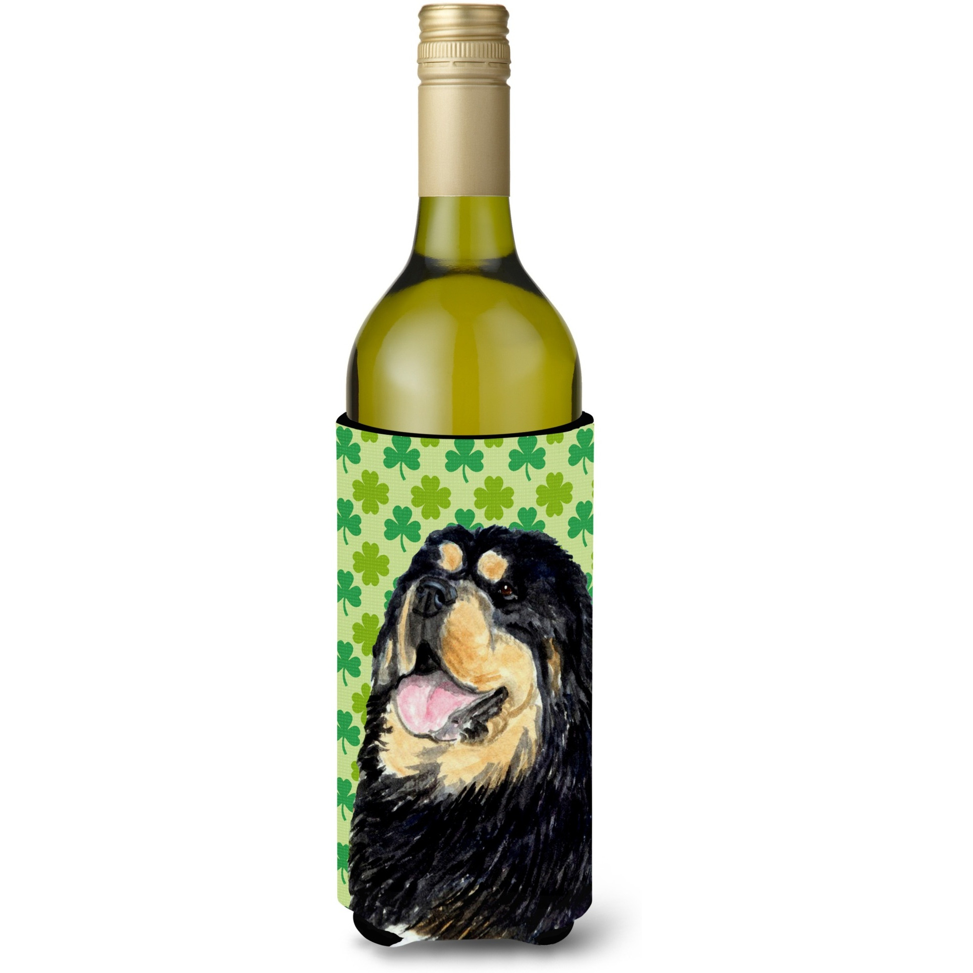 Tibetan Mastiff St. Patrick's Day Shamrock Portrait Wine Bottle Beverage Insulator Beverage Insulator Hugger