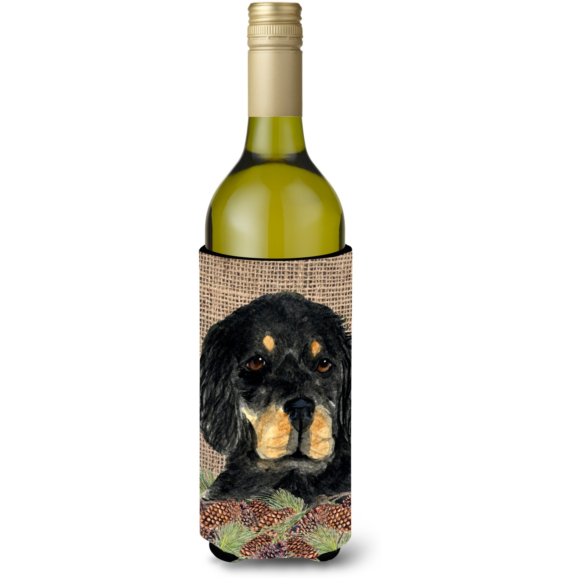 Gordon Setter on Faux Burlap with Pine Cones Wine Bottle Beverage Insulator Beverage Insulator Hugger