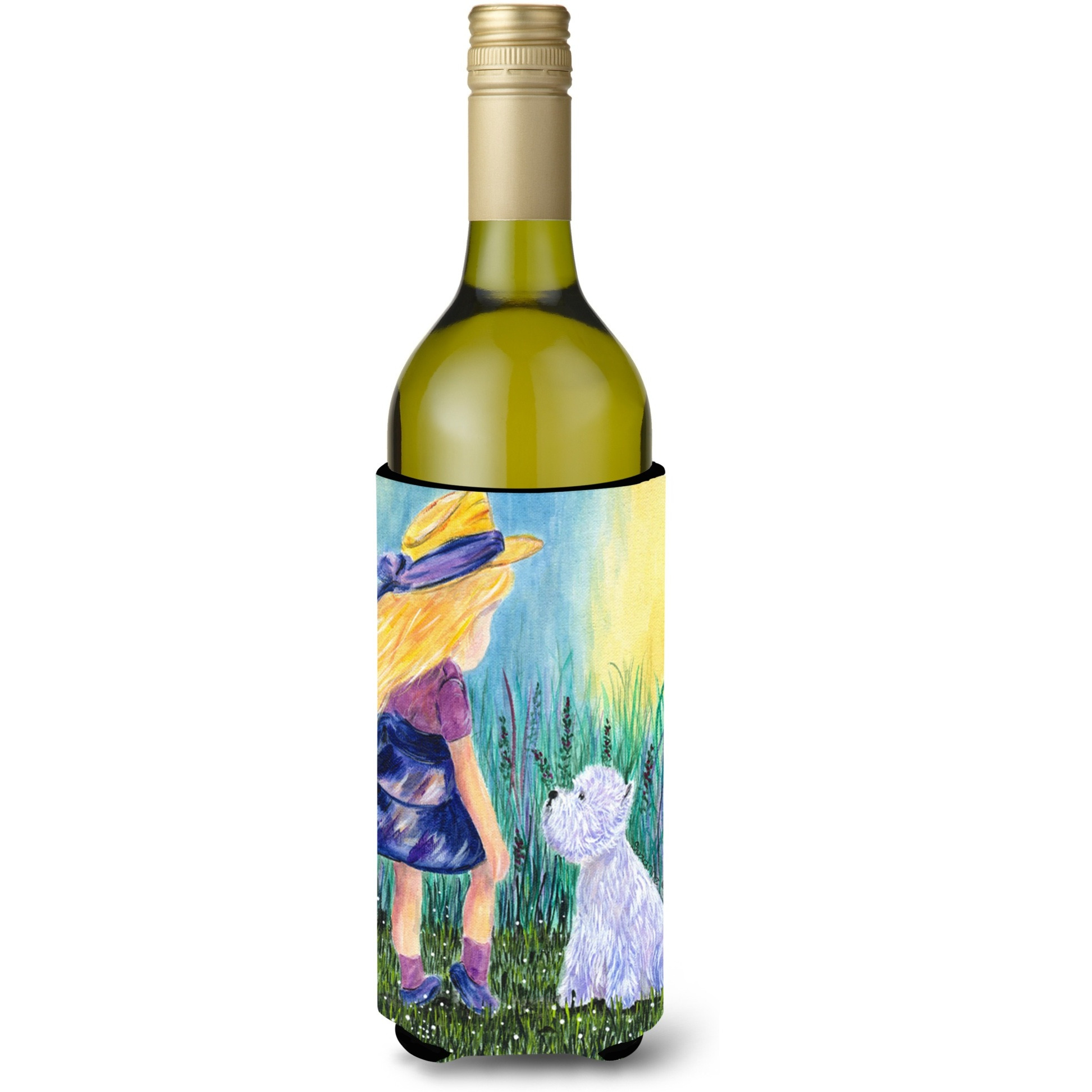 Little Girl with Westie Wine Bottle Beverage Insulator Beverage Insulator Hugger
