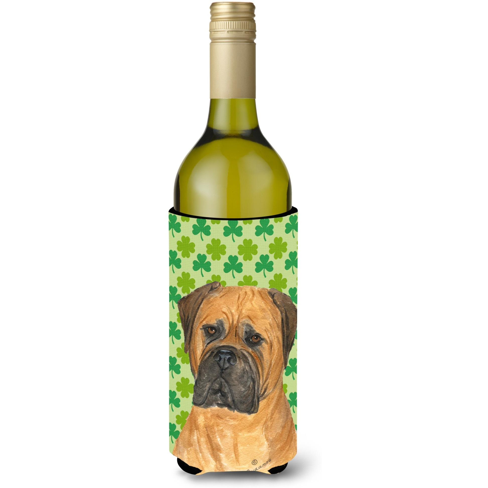 Bullmastiff St. Patrick's Day Shamrock Portrait Wine Bottle Beverage Insulator Beverage Insulator Hugger