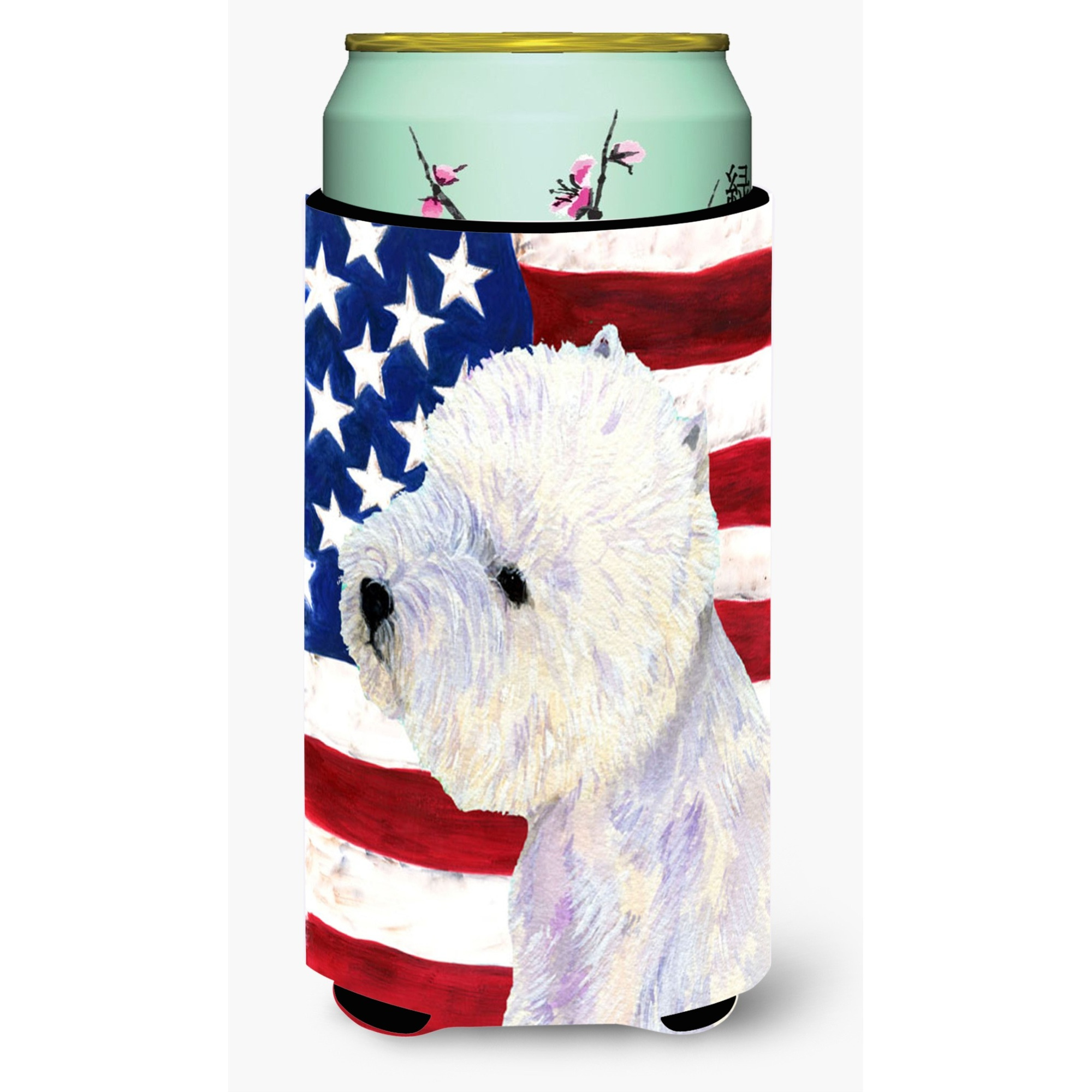 USA American Flag with Westie  Tall Boy Beverage Insulator Beverage Insulator Hugger
