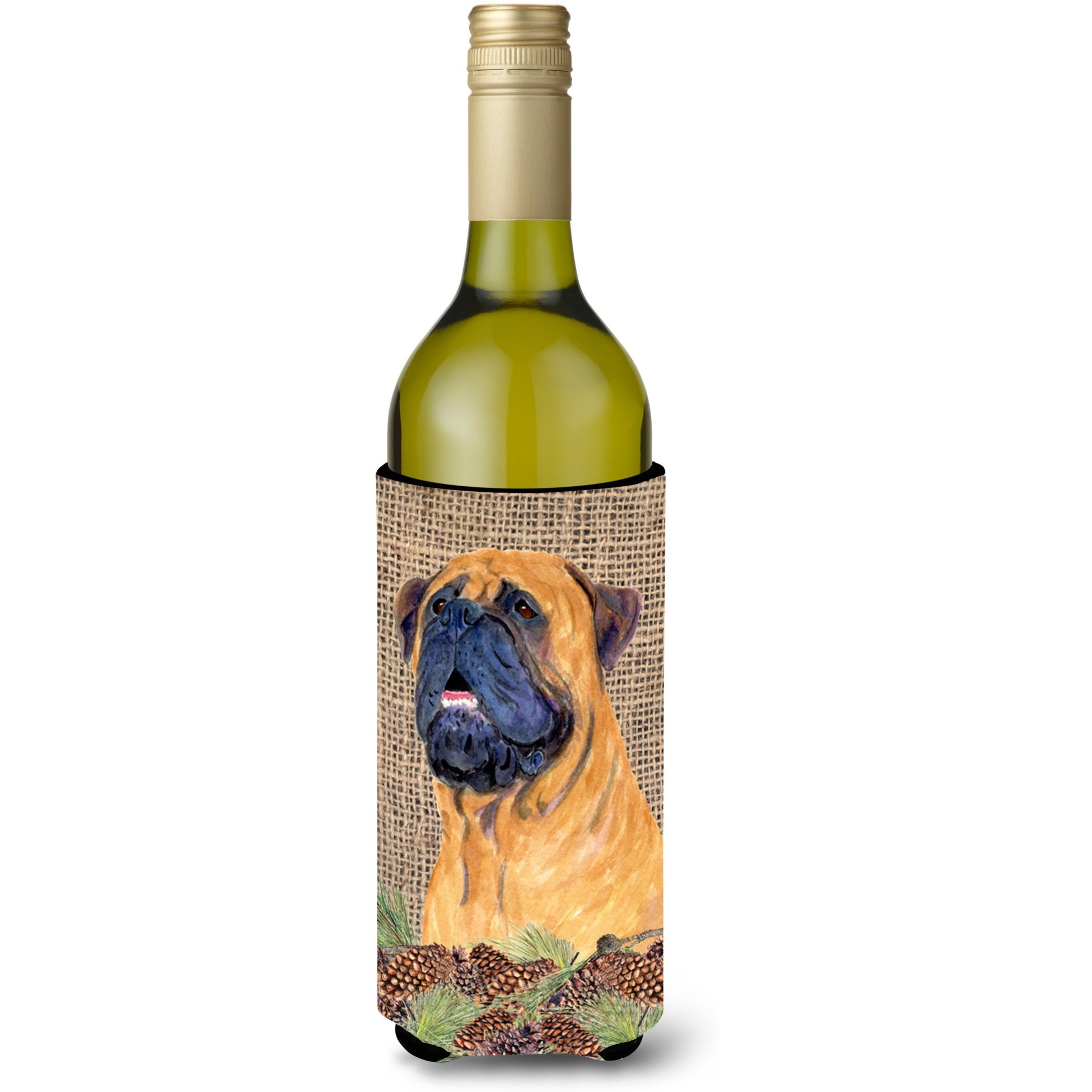 Bullmastiff on Faux Burlap with Pine Cones Wine Bottle Beverage Insulator Beverage Insulator Hugger