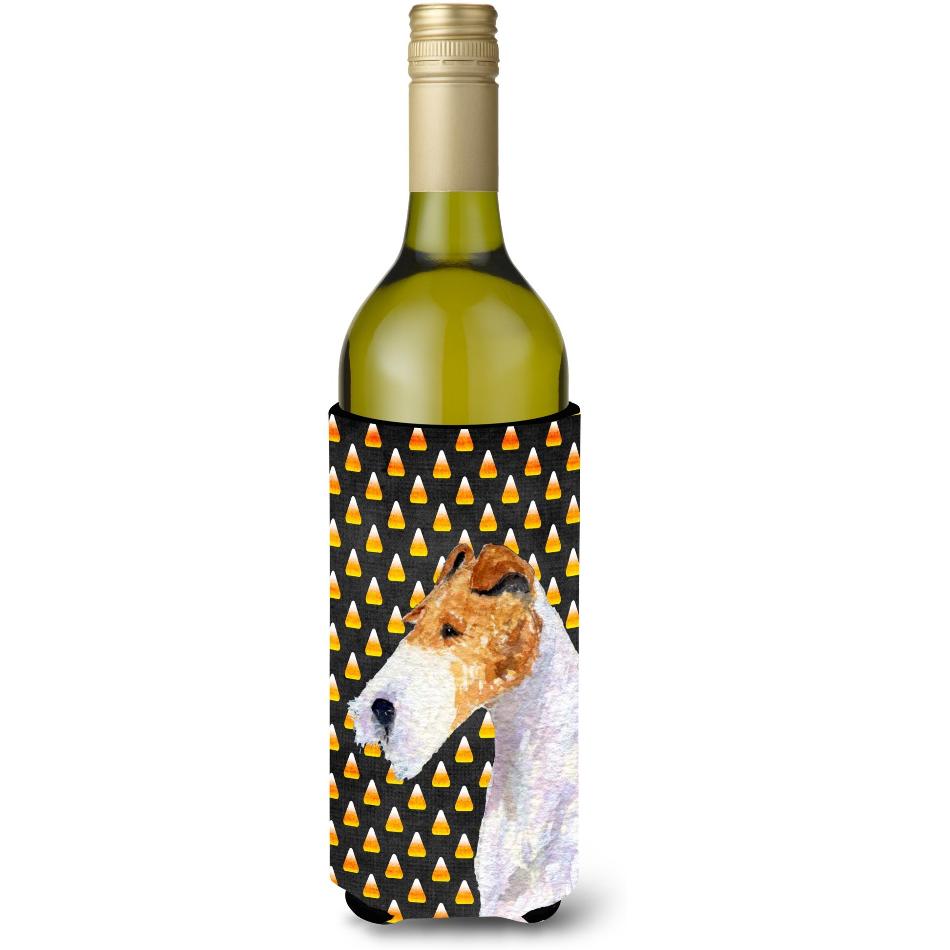 Fox Terrier Candy Corn Halloween Portrait Wine Bottle Beverage Insulator Beverage Insulator Hugger