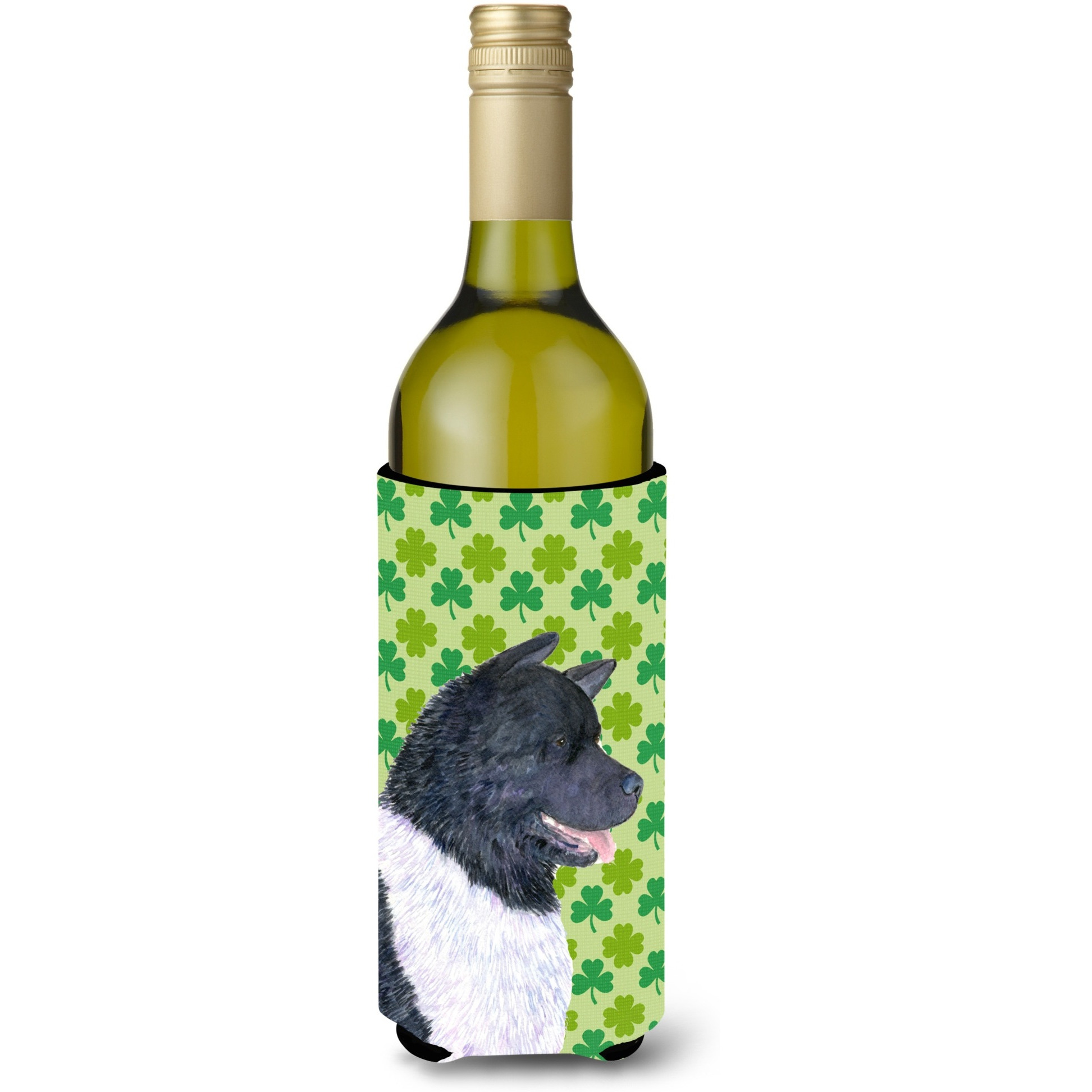 Akita St. Patrick's Day Shamrock Portrait Wine Bottle Beverage Insulator Beverage Insulator Hugger