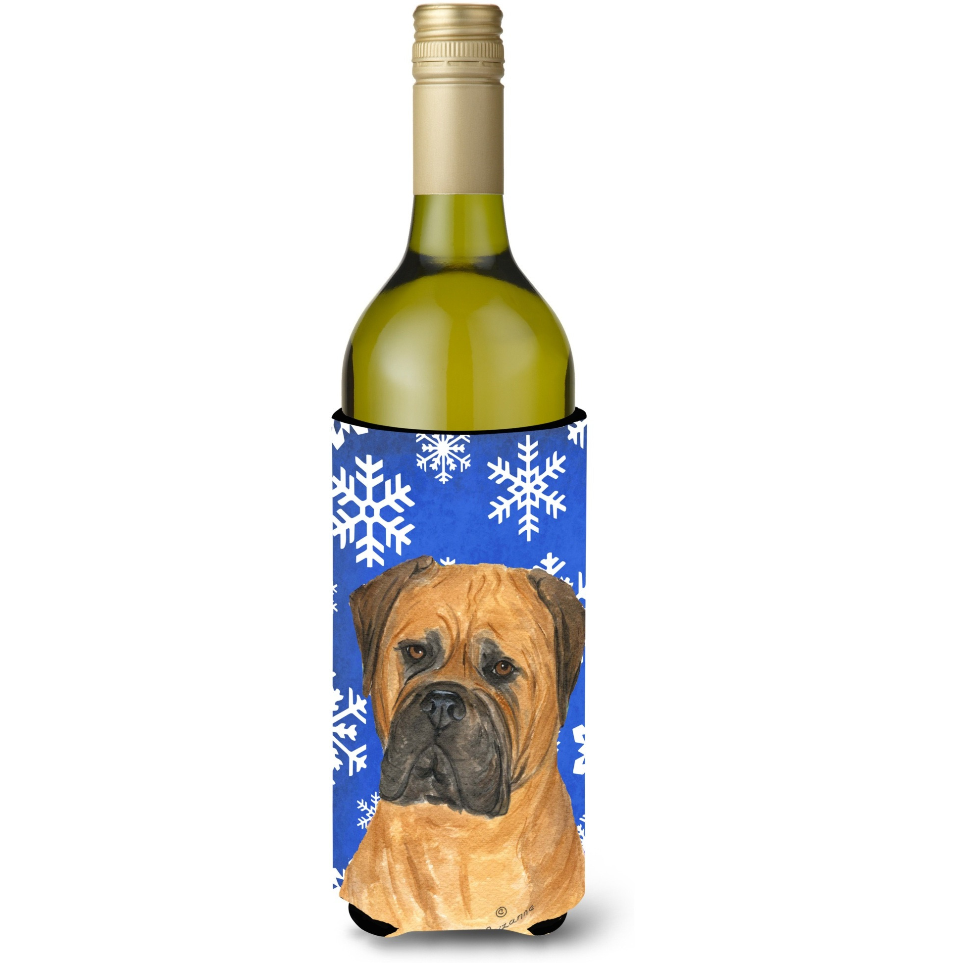 Bullmastiff Winter Snowflakes Holiday Wine Bottle Beverage Insulator Beverage Insulator Hugger