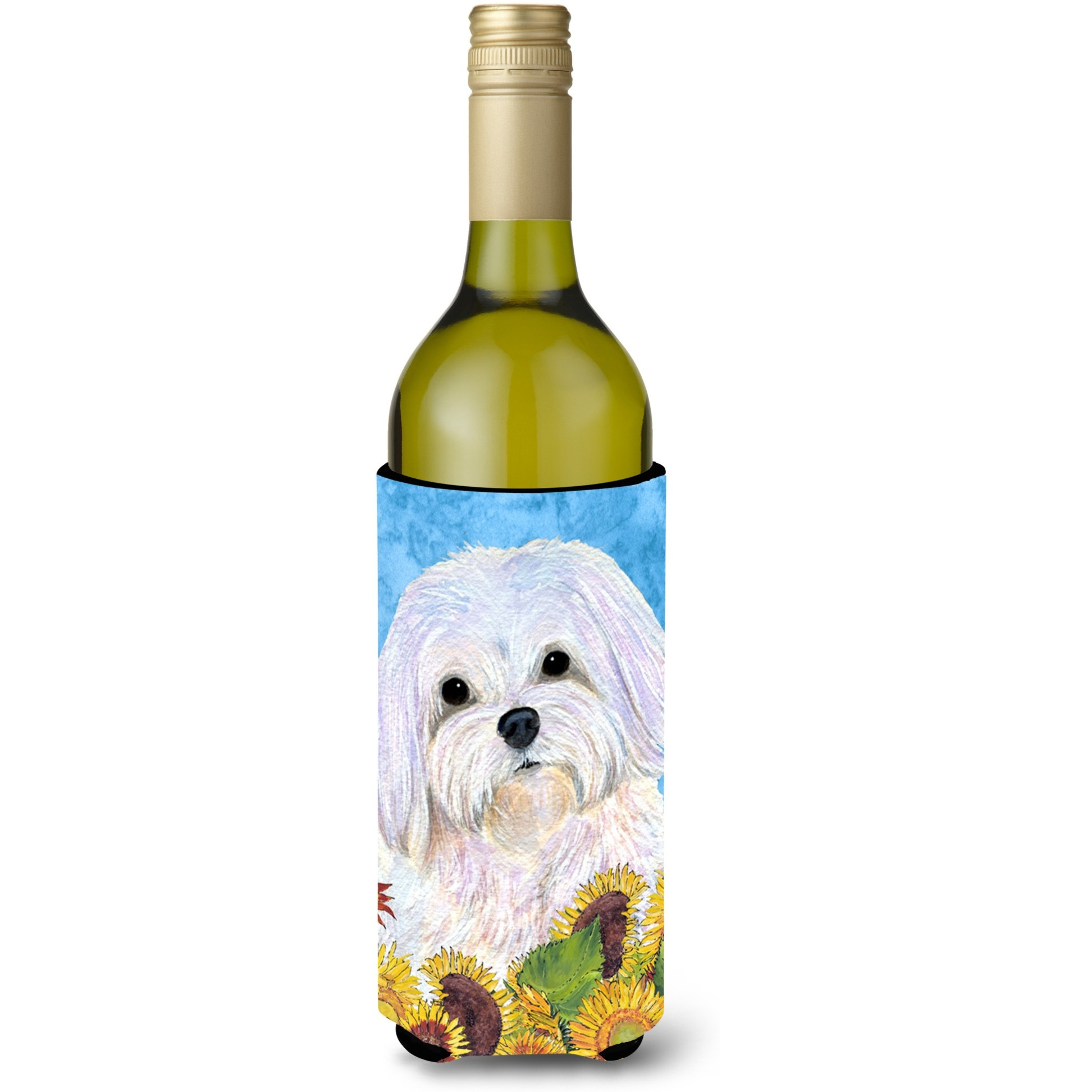 Maltese in Summer Flowers Wine Bottle Beverage Insulator Beverage Insulator Hugger SS4115LITERK