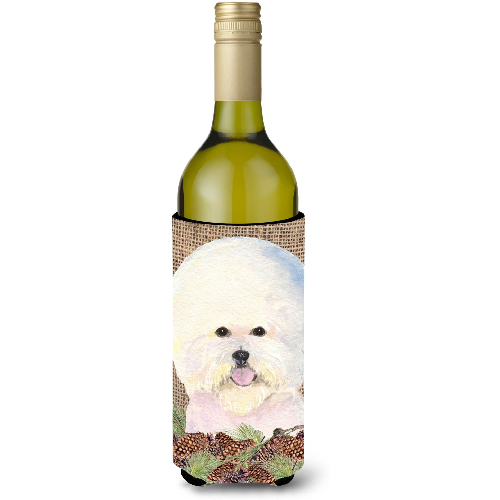 Bichon Frise on Faux Burlap with Pine Cones Wine Bottle Beverage Insulator Beverage Insulator Hugger