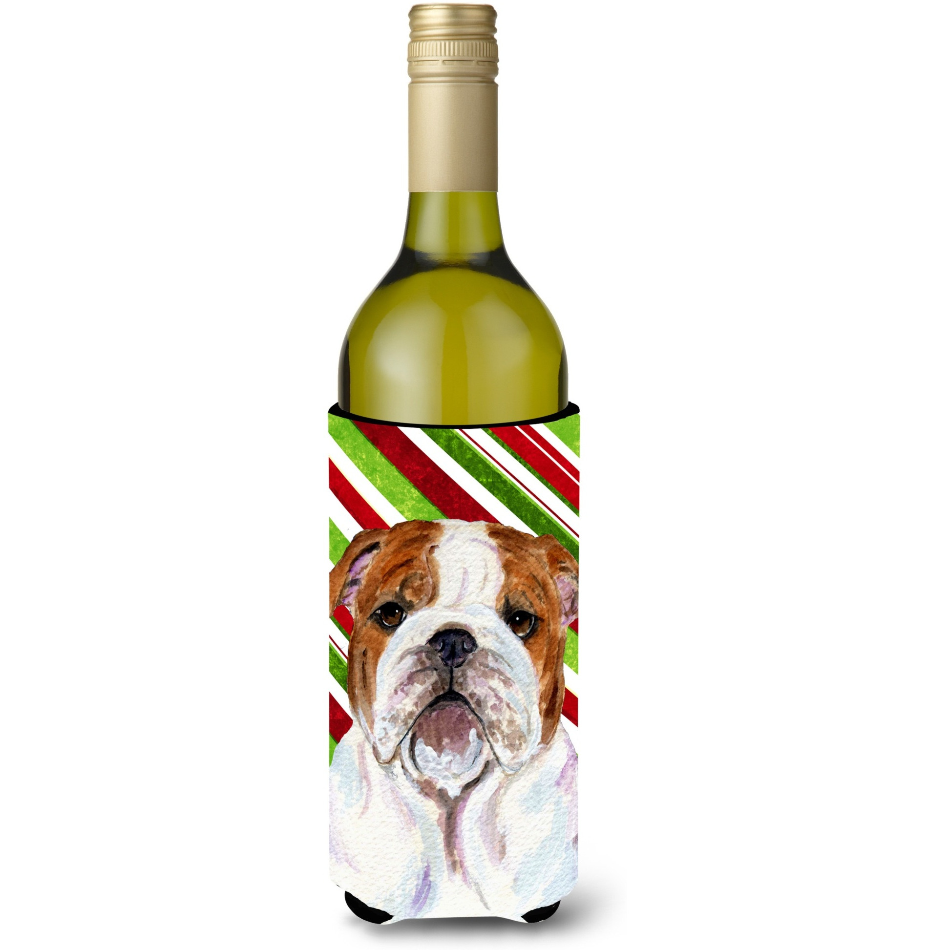 Bulldog English Candy Cane Holiday Christmas Wine Bottle Beverage Insulator Beverage Insulator Hugger