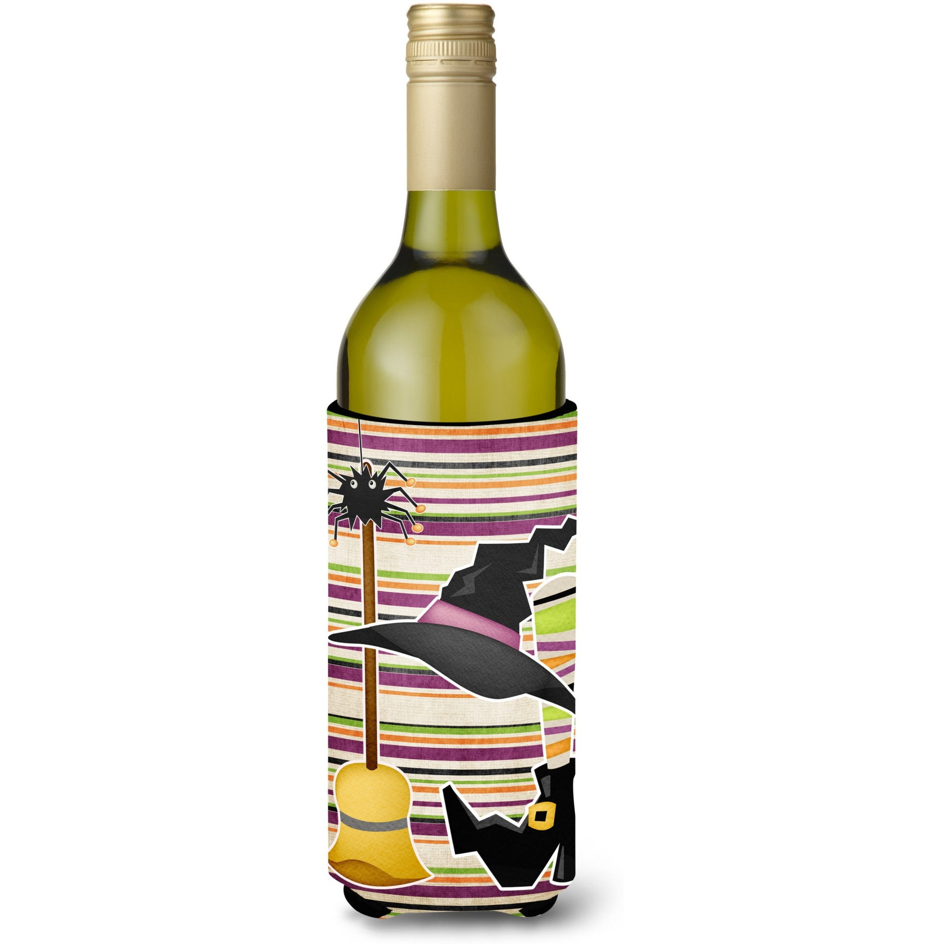 Witch Costume and Broom on Stripes Halloween Wine Bottle Beverage Insulator Beverage Insulator Hugger
