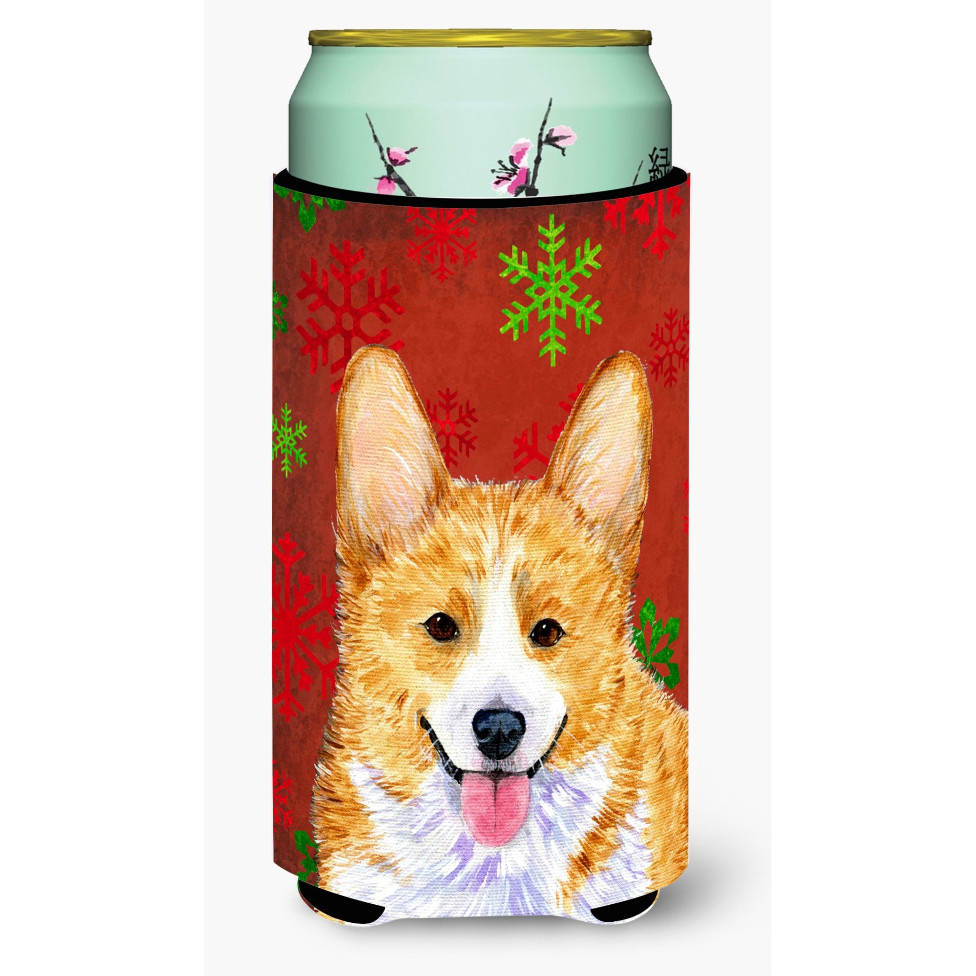 Corgi Red and Green Snowflakes Holiday Christmas  Tall Boy Beverage Insulator Beverage Insulator Hugger