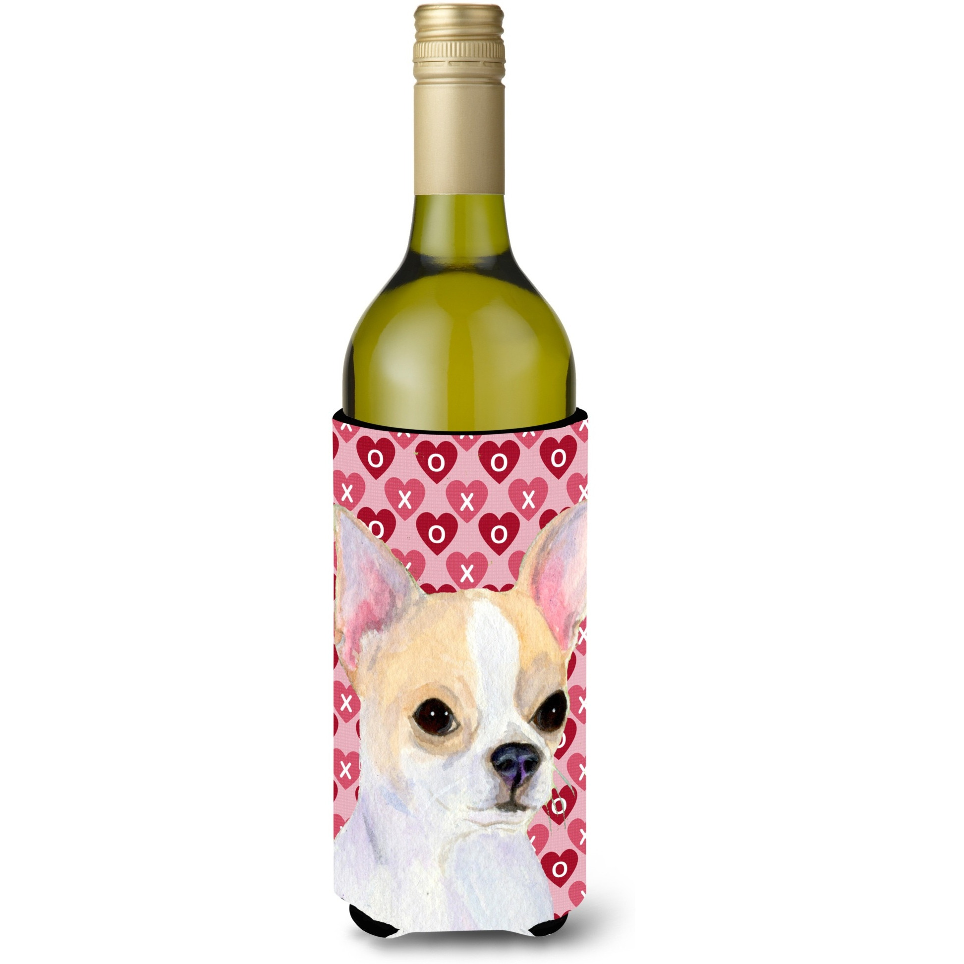 Chihuahua Hearts Love and Valentine's Day Portrait Wine Bottle Beverage Insulator Beverage Insulator Hugger
