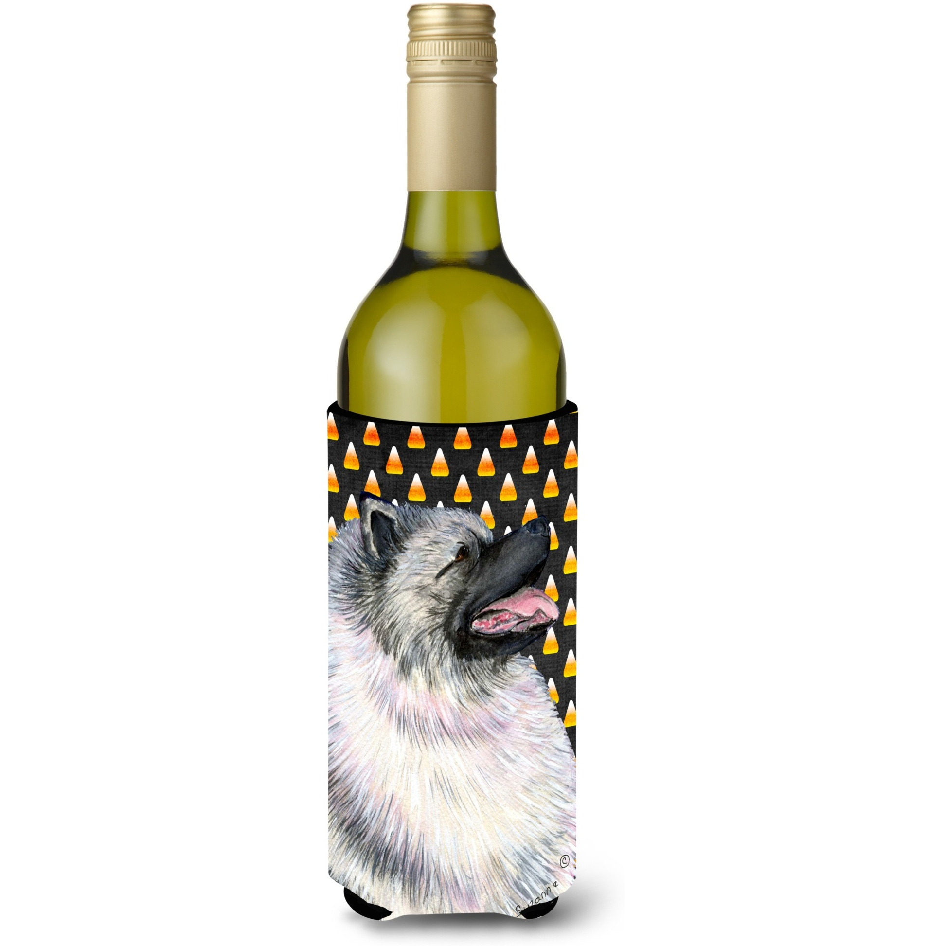 Keeshond Candy Corn Halloween Portrait Wine Bottle Beverage Insulator Beverage Insulator Hugger