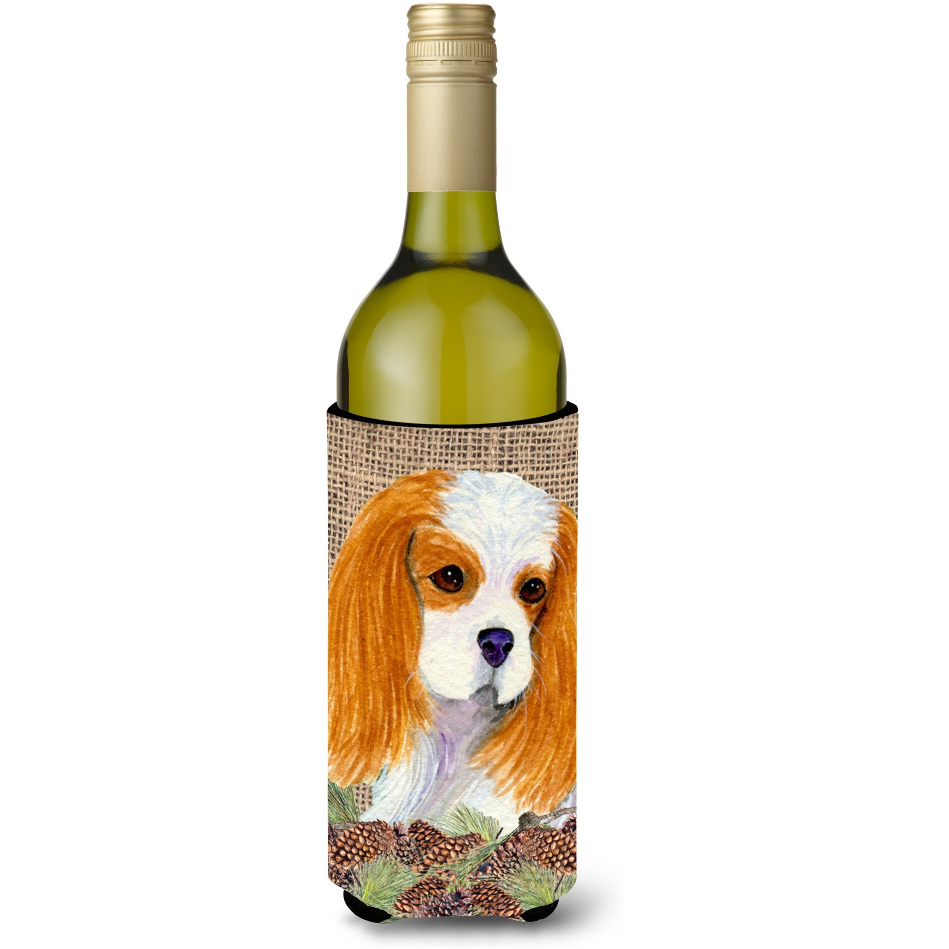 Cavalier Spaniel on Faux Burlap with Pine Cones Wine Bottle Beverage Insulator Beverage Insulator Hugger