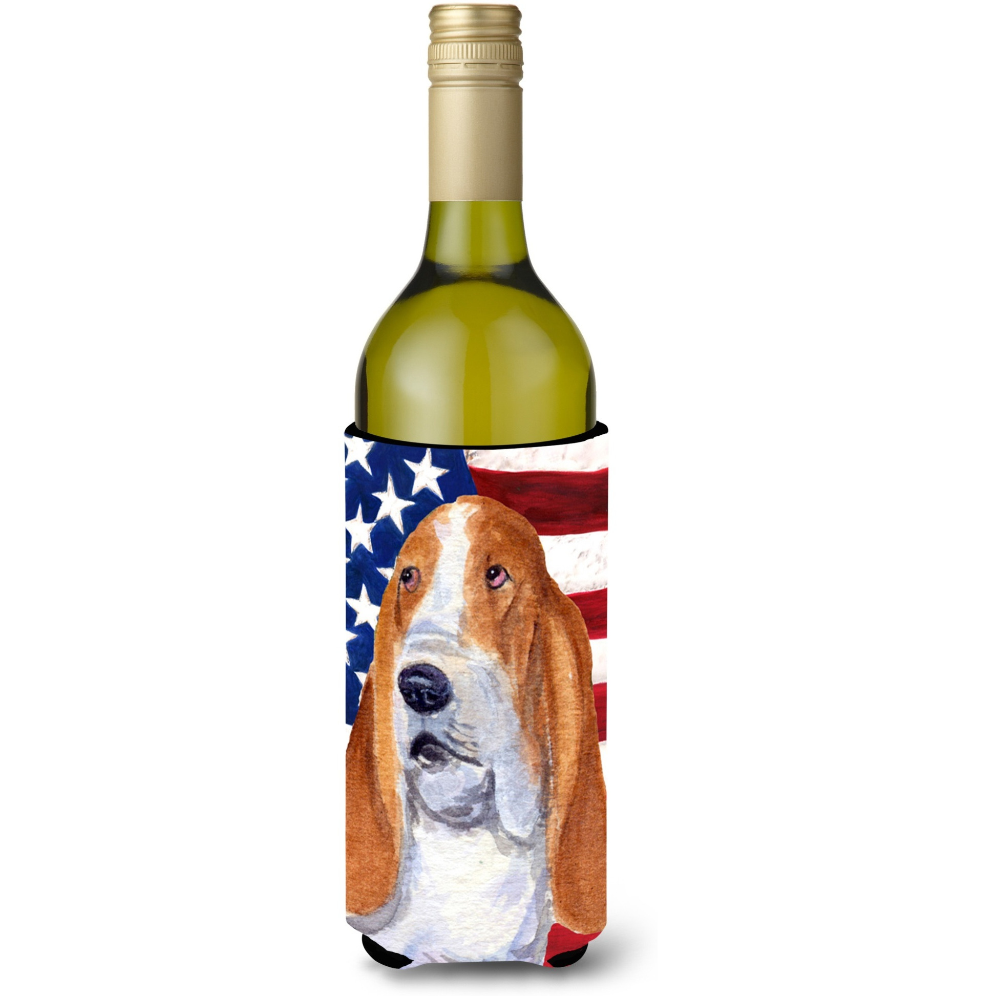 USA American Flag with Basset Hound Wine Bottle Beverage Insulator Beverage Insulator Hugger SS4013LITERK