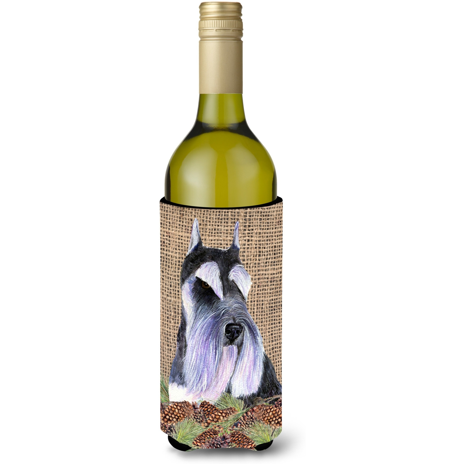 Schnauzer on Faux Burlap with Pine Cones Wine Bottle Beverage Insulator Beverage Insulator Hugger